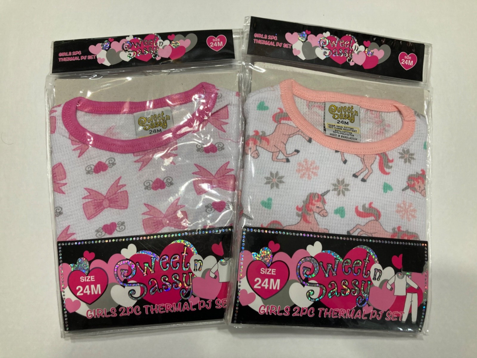 NWT … Girls “Size 24 M” Sweet n Sassy “Unicorn” “Bows” Thermal PJ Set