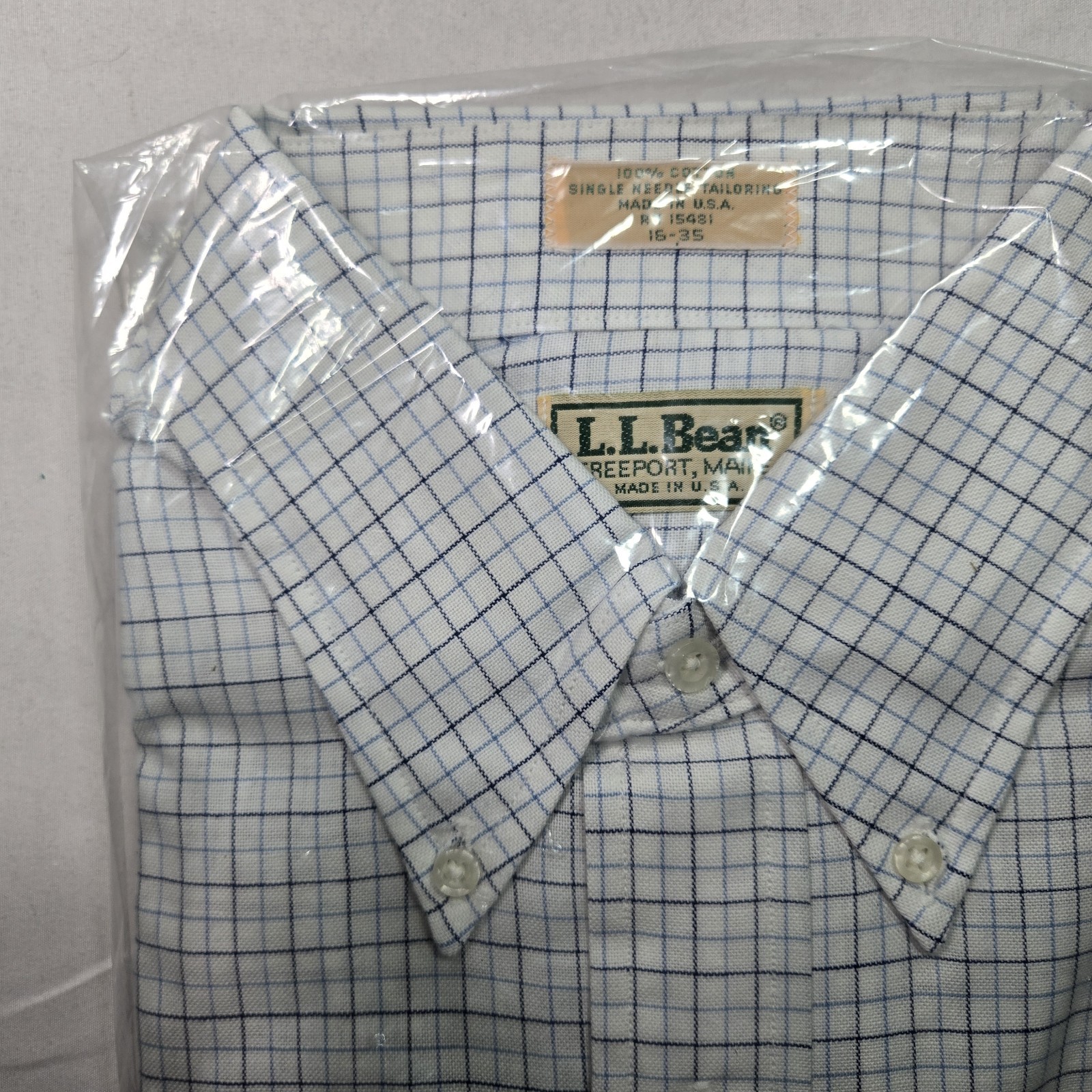 Vintage LL Bean Dress Shirt Men 16 35 Deadstock NWT USA Made Navy Blue Check