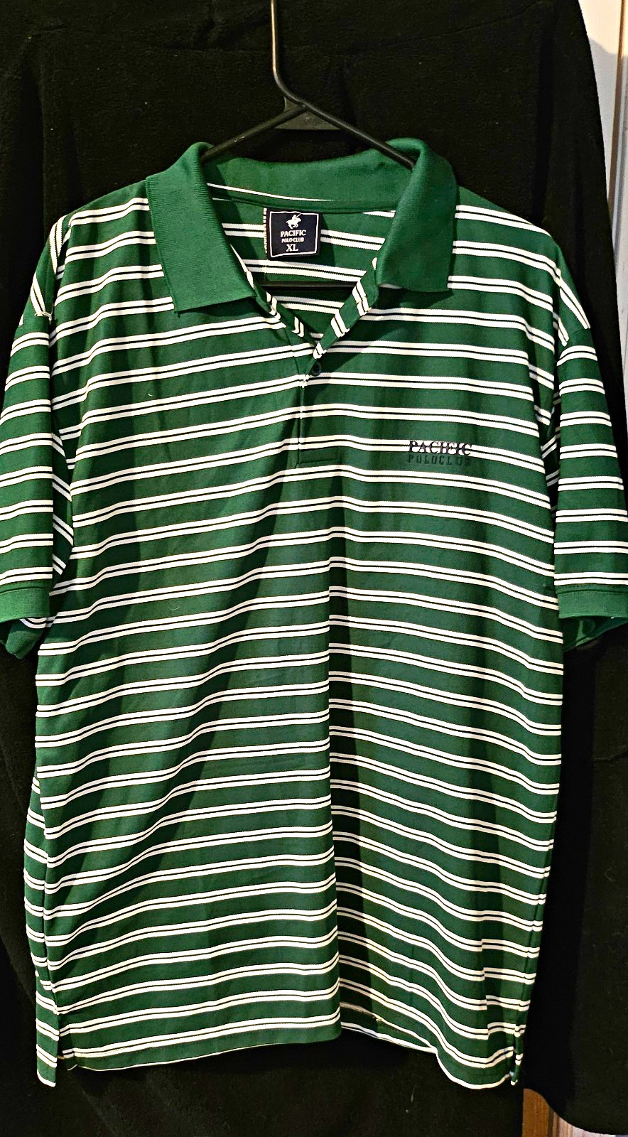 Pacific Polo Club Men\'s Polo Shirt XL Green White Striped Logo Button