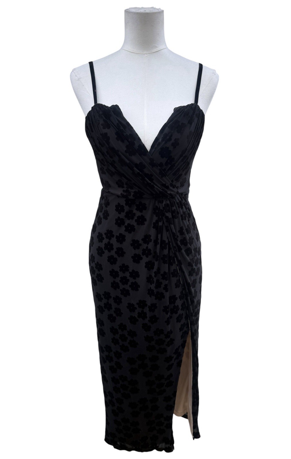 Lulus Black Velvet Floral Mesh Midi Dress Womens Small Ruched Slit Cocktail