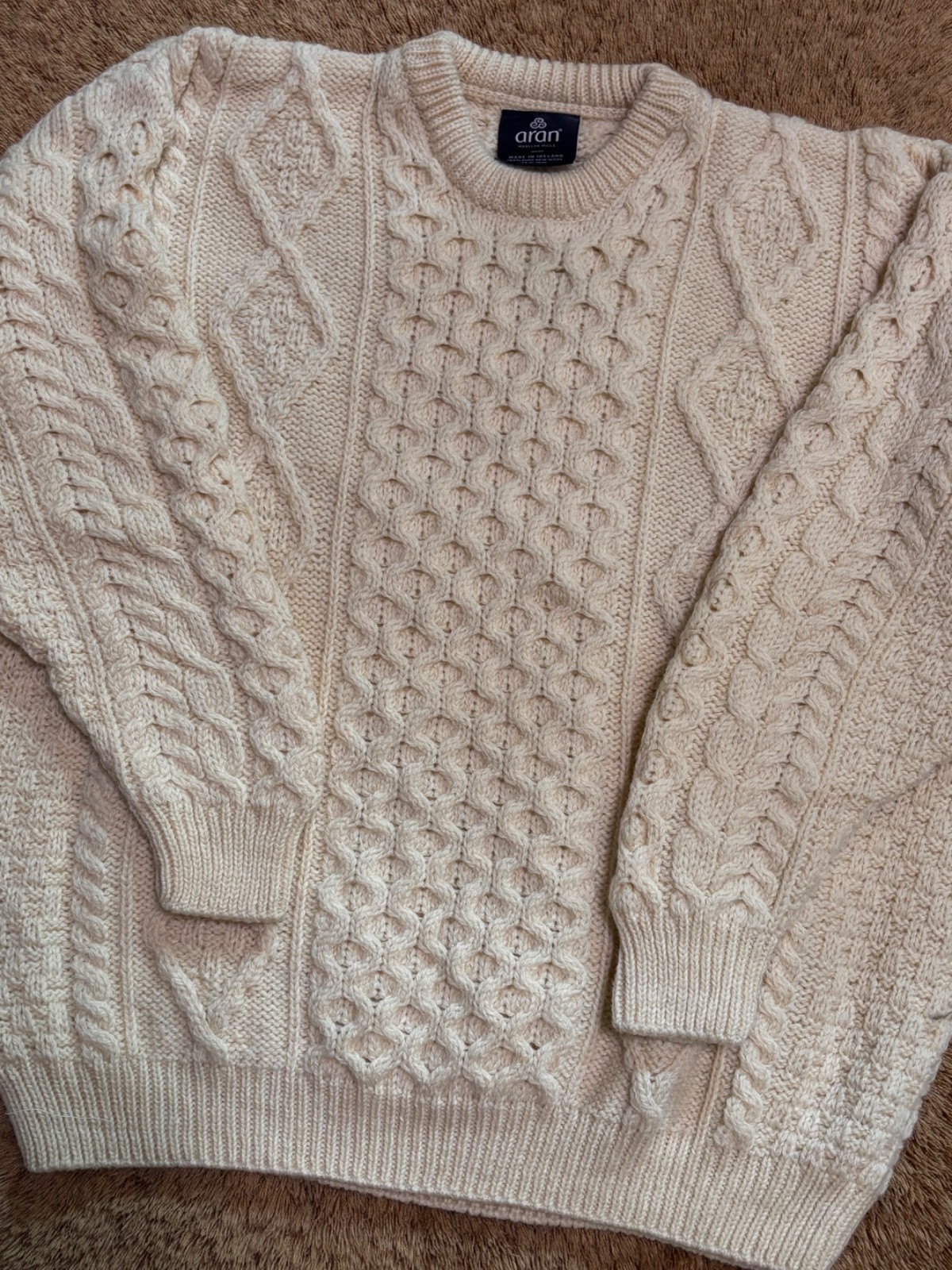 Vintage Aran Woollen Mills Sweater XL Pure New Wool Made in Ireland Cable Knit