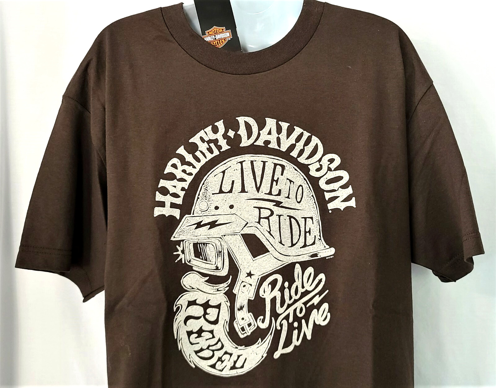 Harley Davidson SS Shirt Brown Brain Bucket Helmet Live to Ride Chest44in Mens L