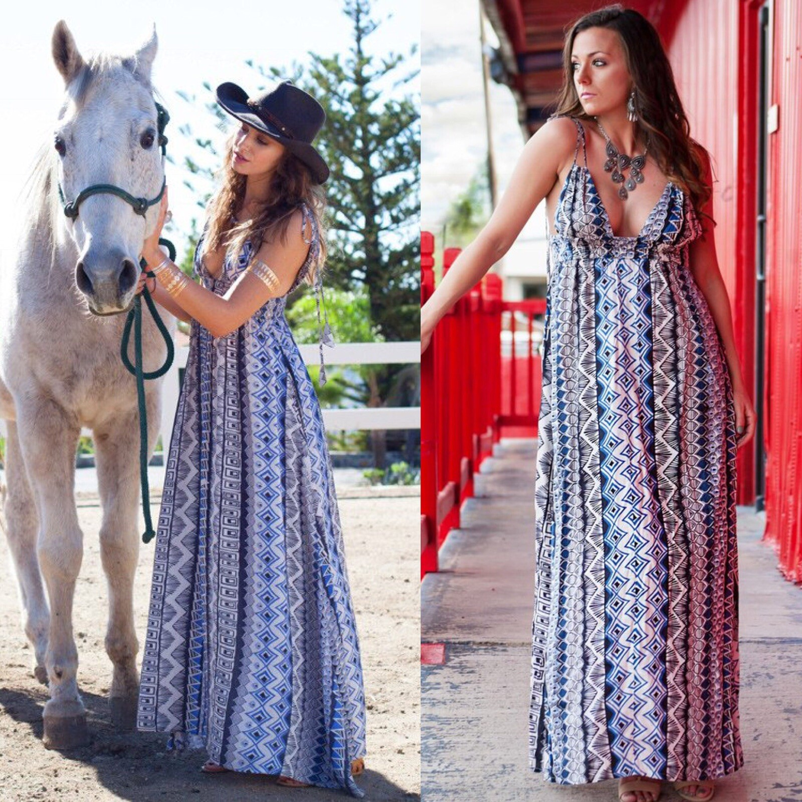 En Creme Boho Tribal Aztec Plunge Neck Maxi Dress Festival NWT Medium