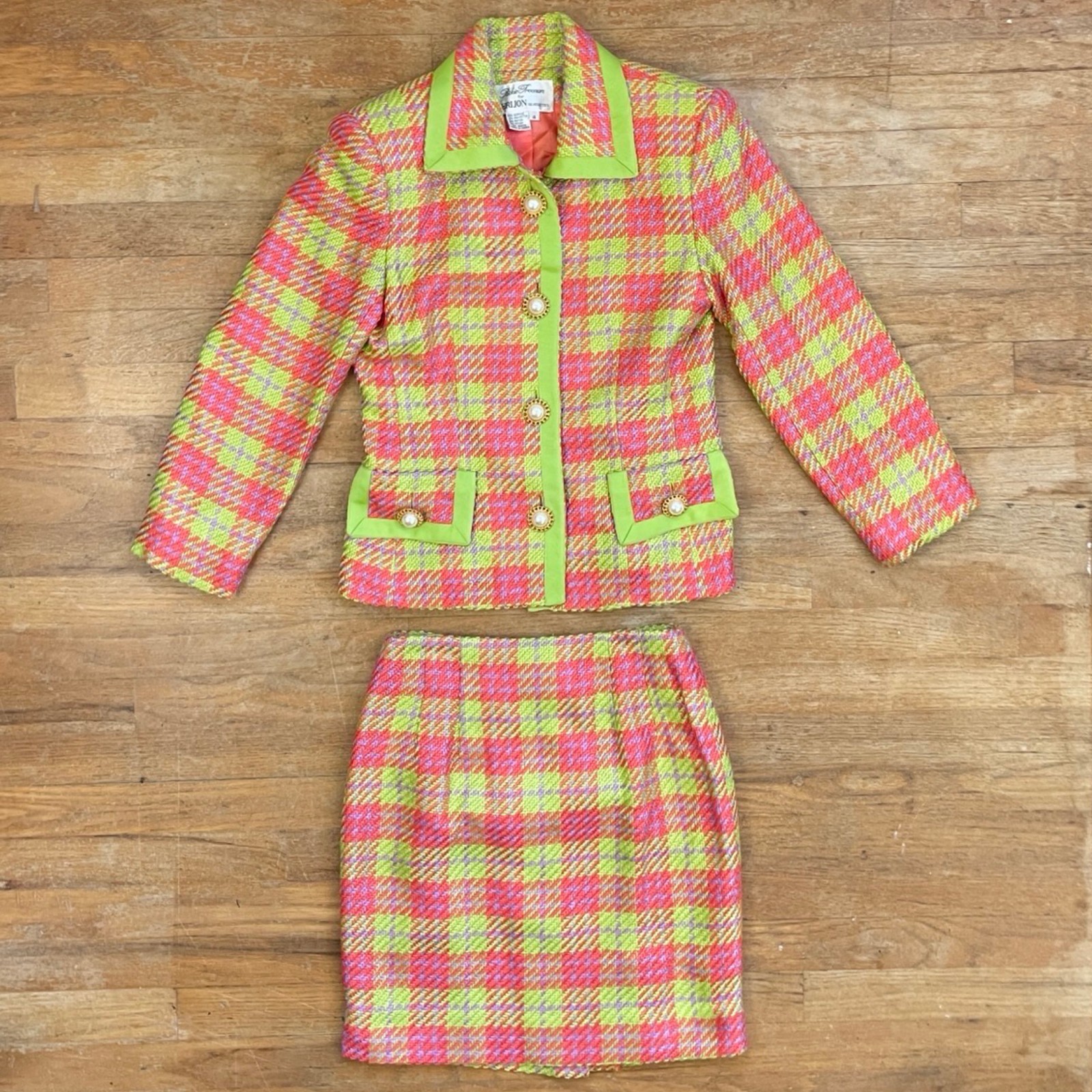Vintage Rickie Freeman Teri Jon Women\'s Suit Pink Green Lavender Check Size 4