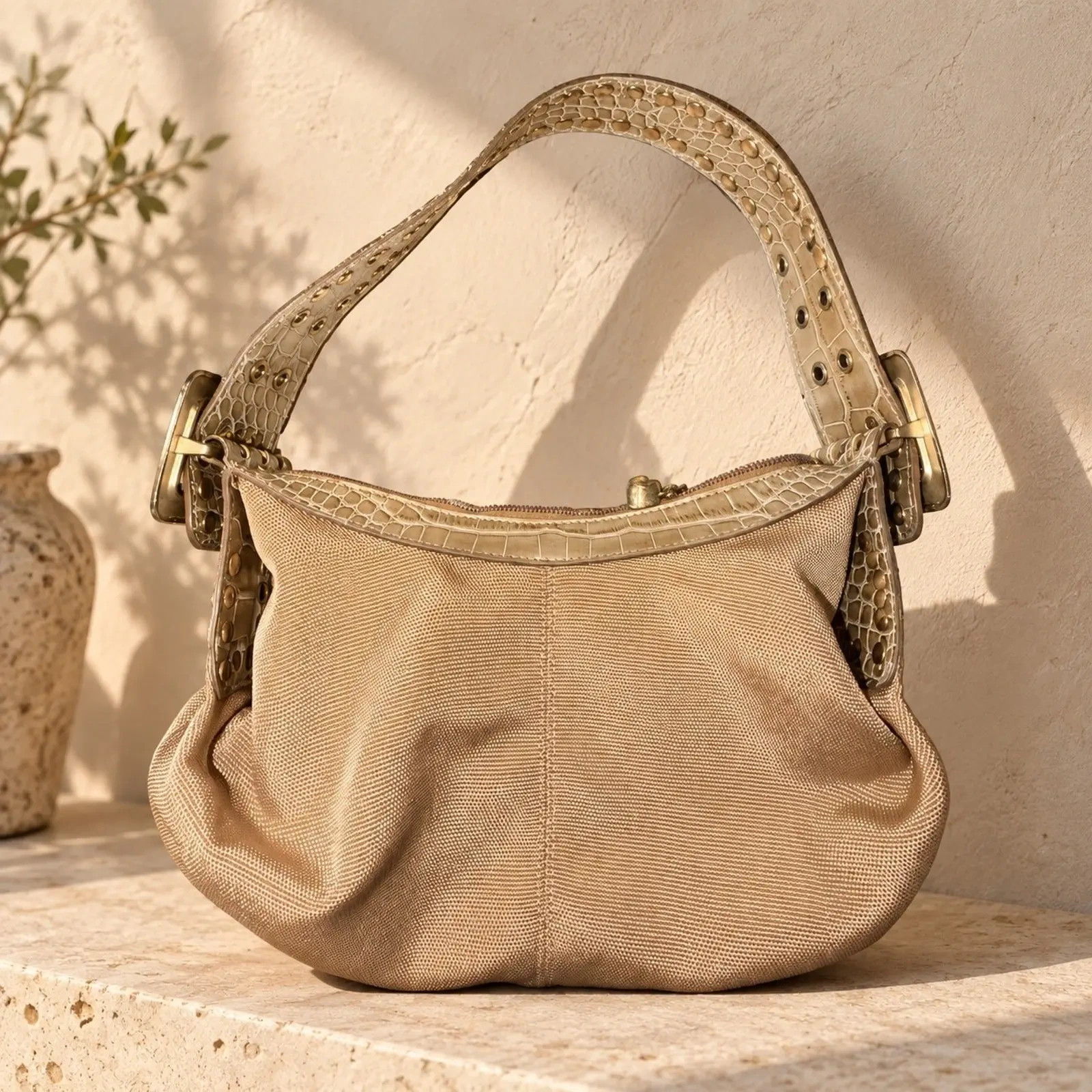 Kathy Van Zeeland Tan Metallic Mesh Hobo Bag Shoulder Bag