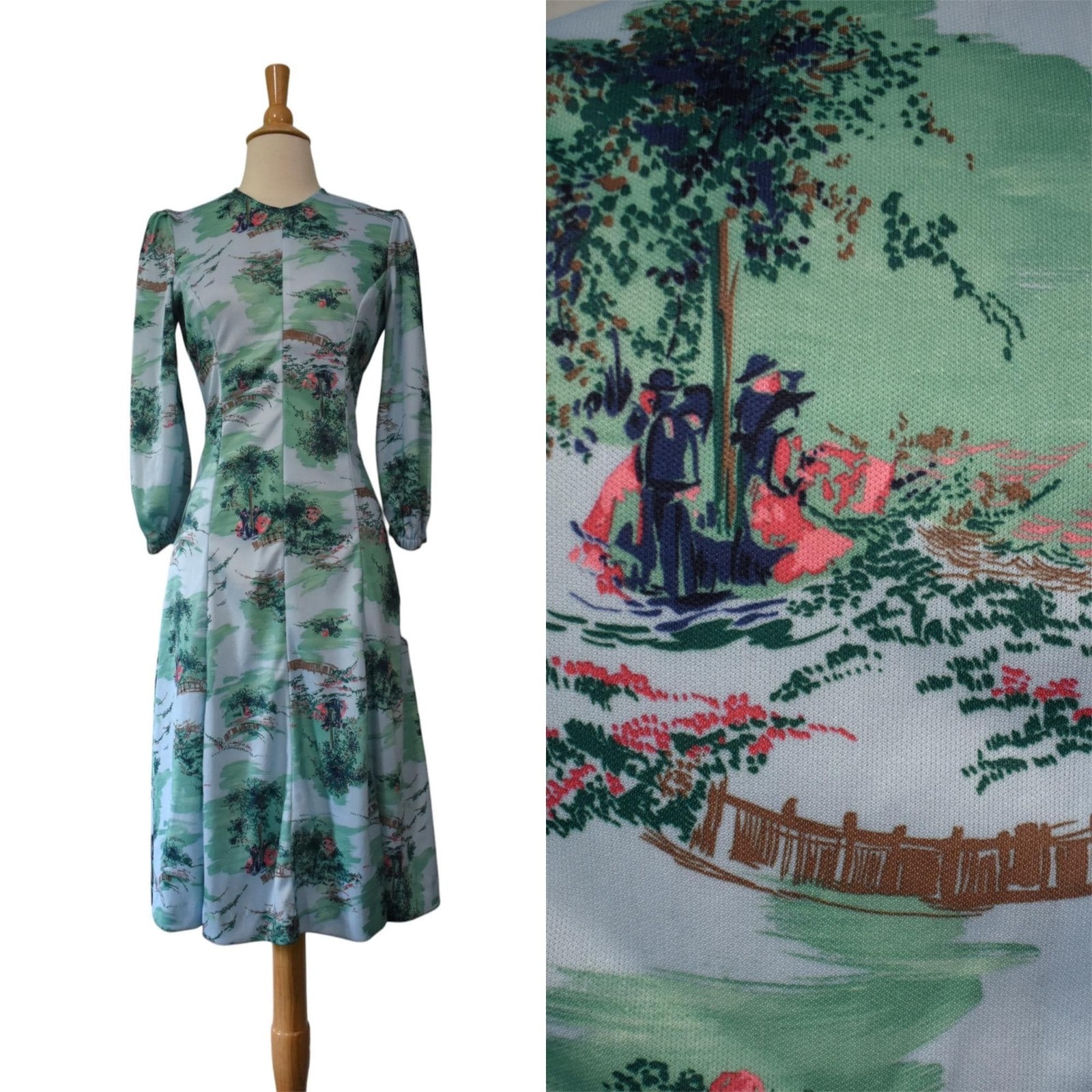 Vintage 70s Pastoral Scenic Novelty Figures Trees Footbridge Print Dress