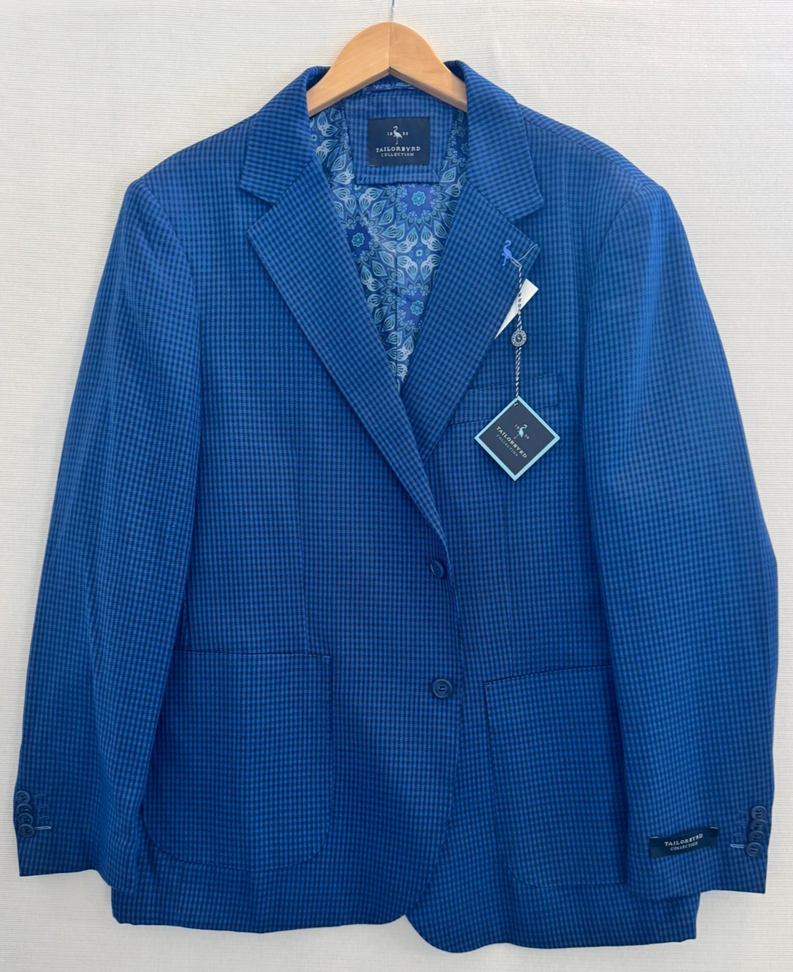 NWT TailorByrd Mens 46R Navy Royal Blue Houndstooth Blazer Sport Coat MSRP $395