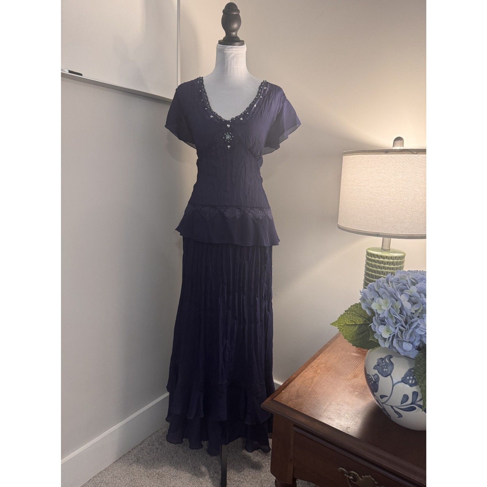 90s Y2K Practical Magic Whimsigoth Beaded Navy Maxi Skirt Set M