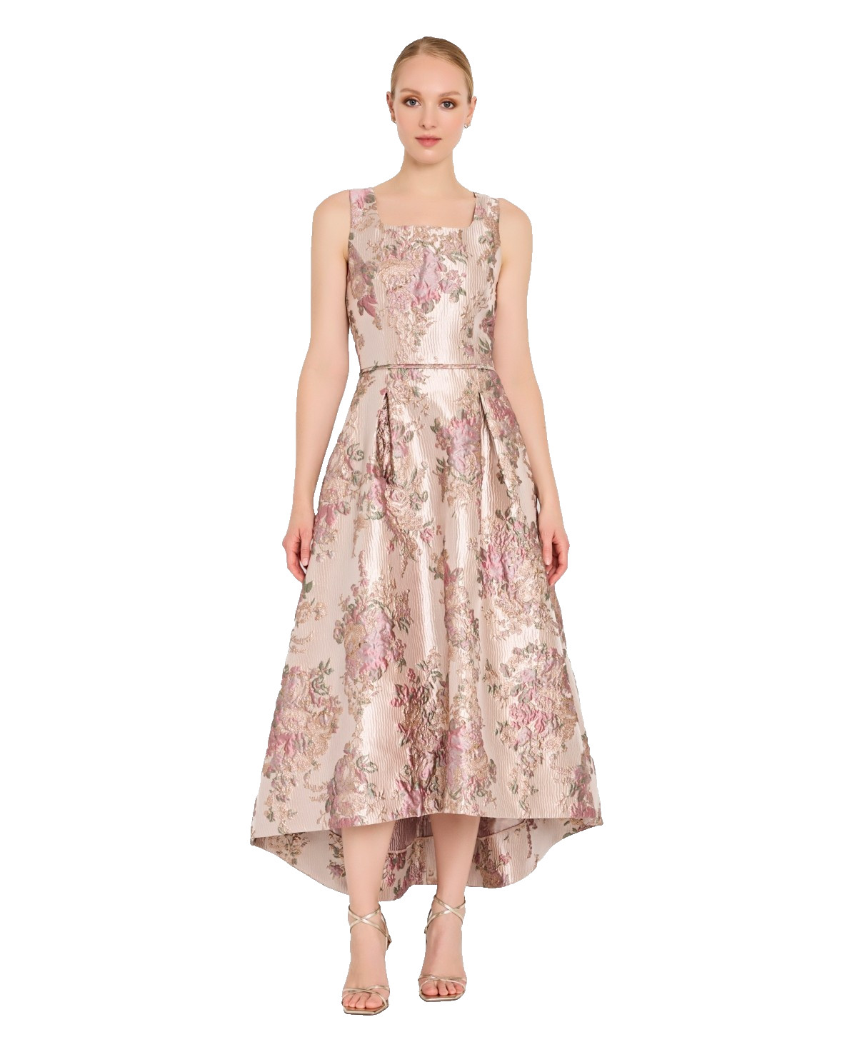 Tahari Cocktail Dress 8 Pink Floral Metallic Jacquard Hi-Low Pleated NWT $289