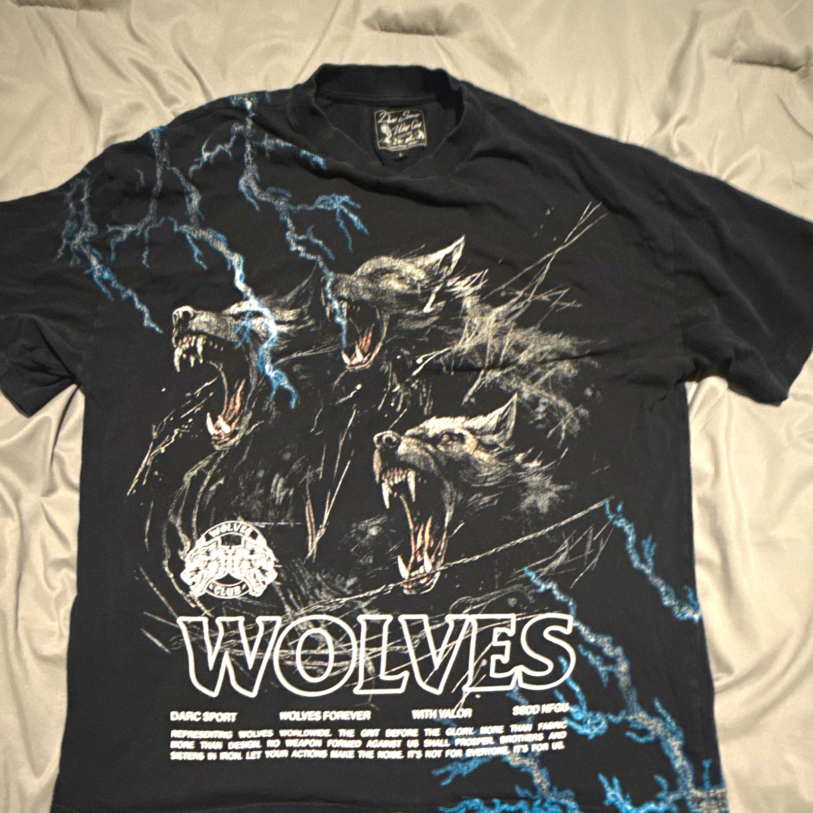 Darc Sport Wolf Club Men\'s Black Graphic Crew Neck T-Shirt Size L(oversized)
