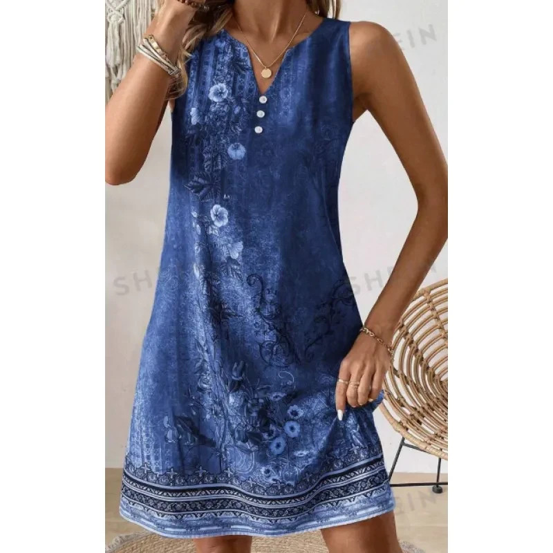 Women\'s Summer Holiday Floral Print Sleeveless V-Neck Loose Dress With Slit