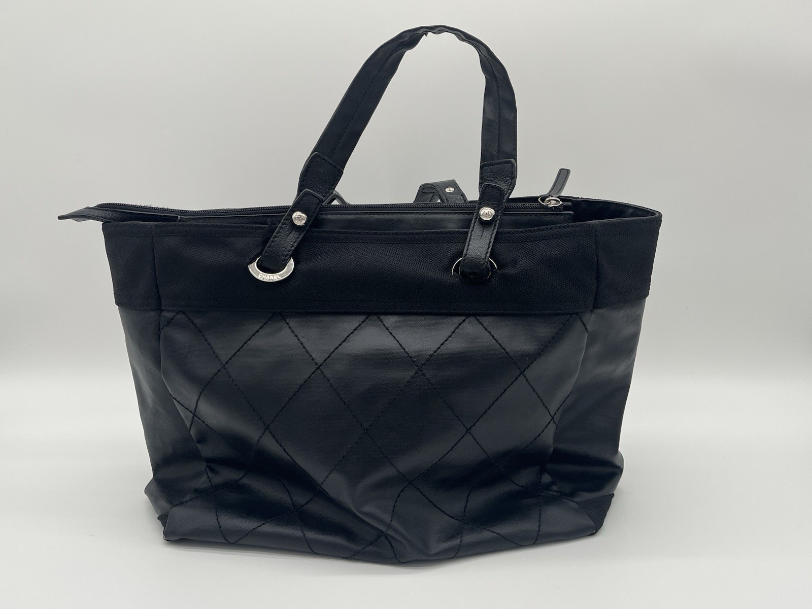 Vintage Chanel Black Quilted PVC Tote Bag Silver Tone Hardware Large Bag