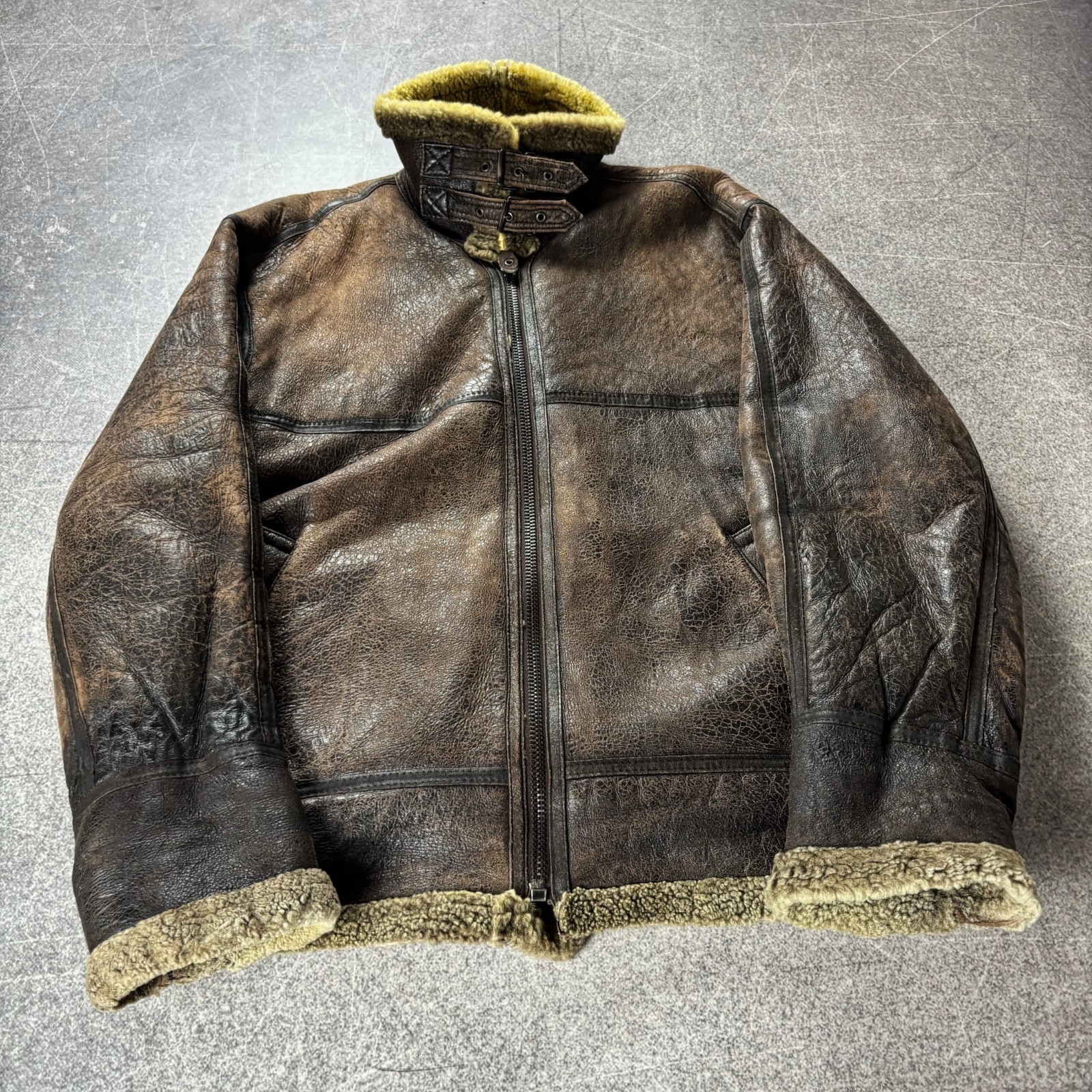 Vintage 70-80s Leather Shearling B3 Aviator Bomber Flight Jacket Distressed Fur
