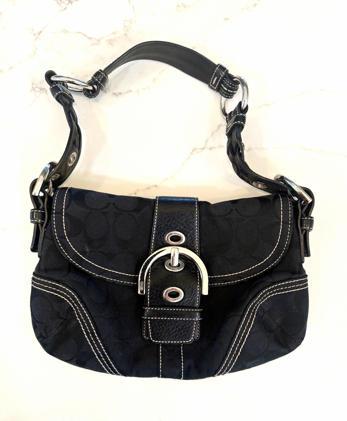 Vintage Coach Soho Signature Canvas Buckle Shoulder Bag Silver Hardware Y2K