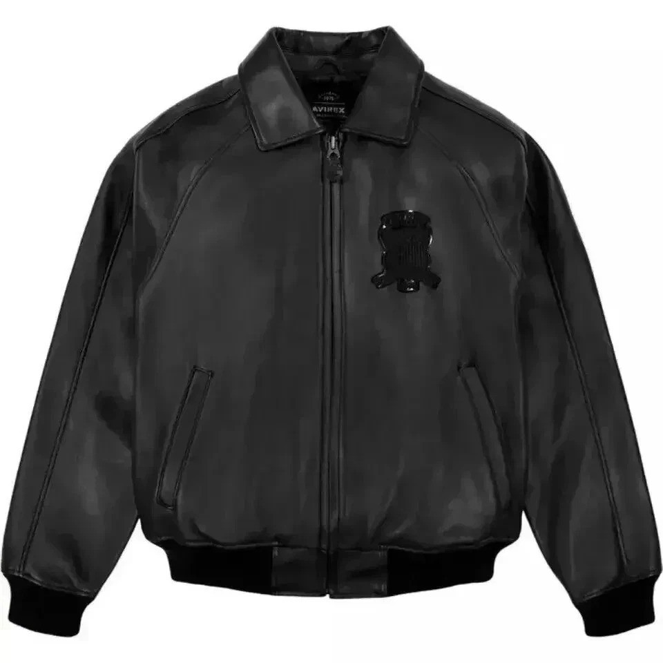 Men\'s Black Real Leather Bomber Jacket Avirex Style American Flight Boxy Coat