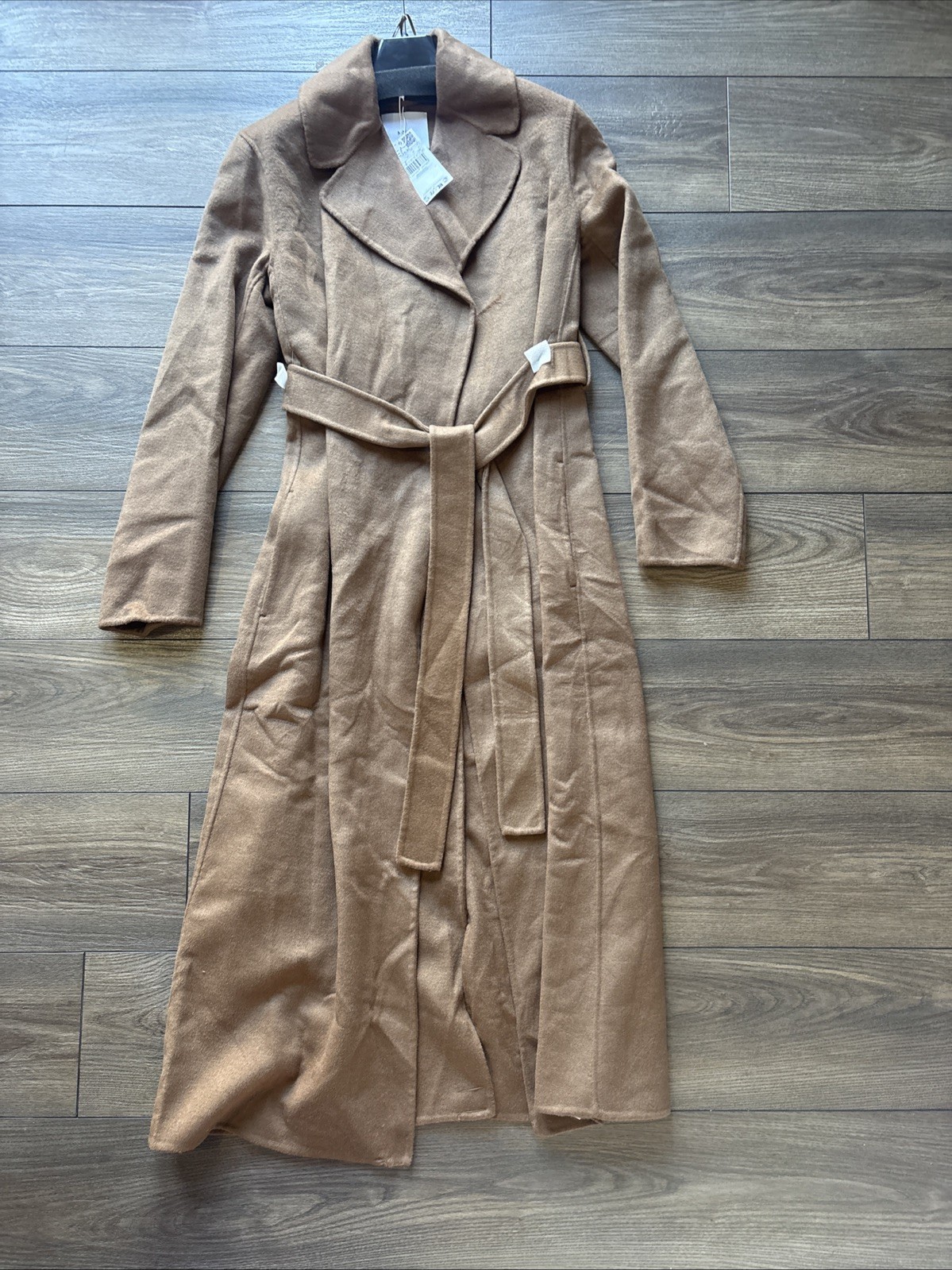 Mango Women’s Handmade Wool Overcoat Brown Solid Belted Tie