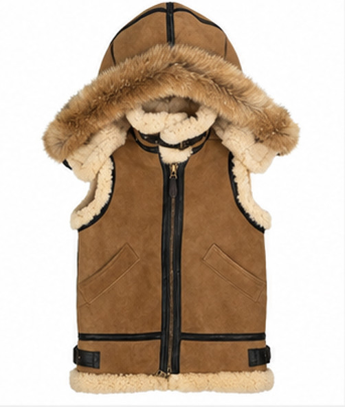 Men\'s Suede Leather Vest Brown Shearling Hooded Fur Lined Winter