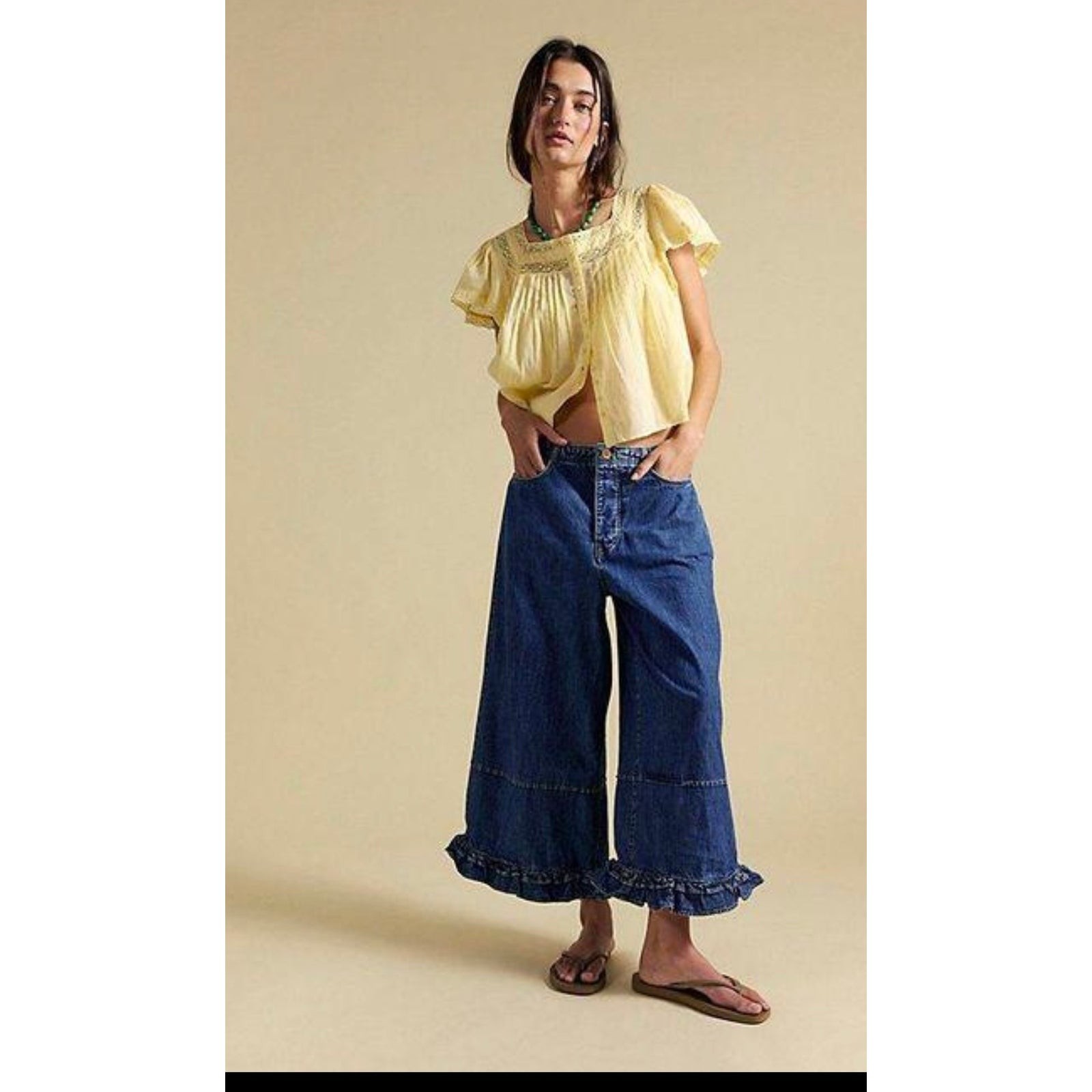 Free People We The Free Love Me Not Bloomer Jeans L Ruffle Hem Wide Leg