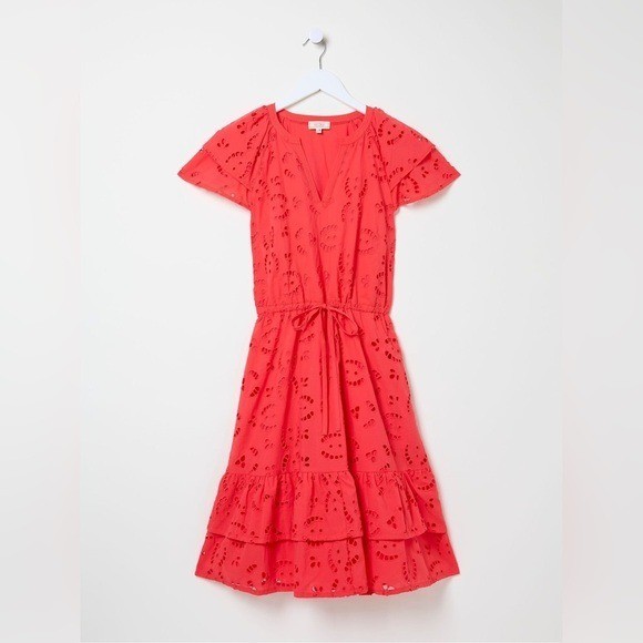 NWT FatFace Women\'s Brady Broderie Dress Eyelet Tomato Red 18 Cottage core