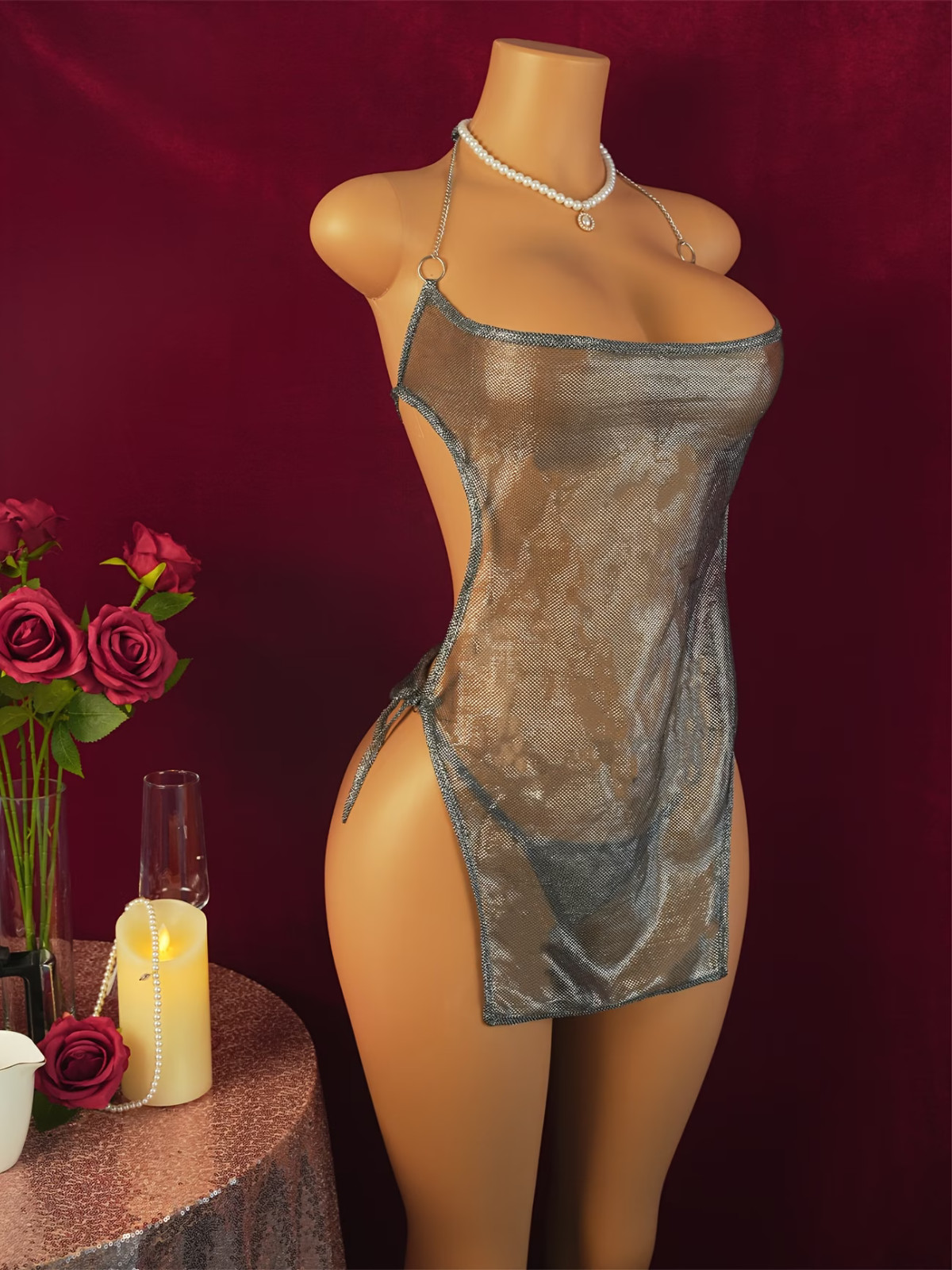 Asian 1-Size (USA XS-M) Sexy Silver Backless Bodycon Lingerie Open-Cut w Chains