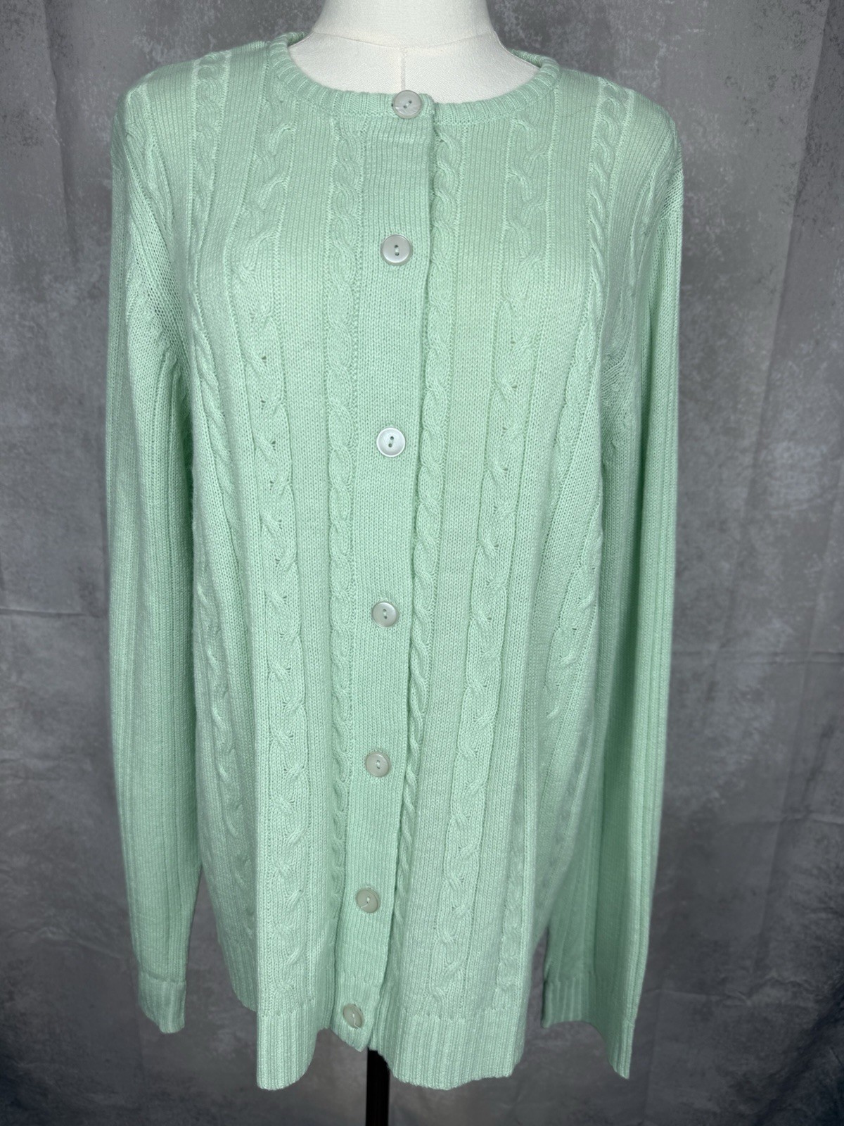 Vintage Sara Morgan Cardigan Sweater L Mint Green Cable Knit Button Up 80s 90s