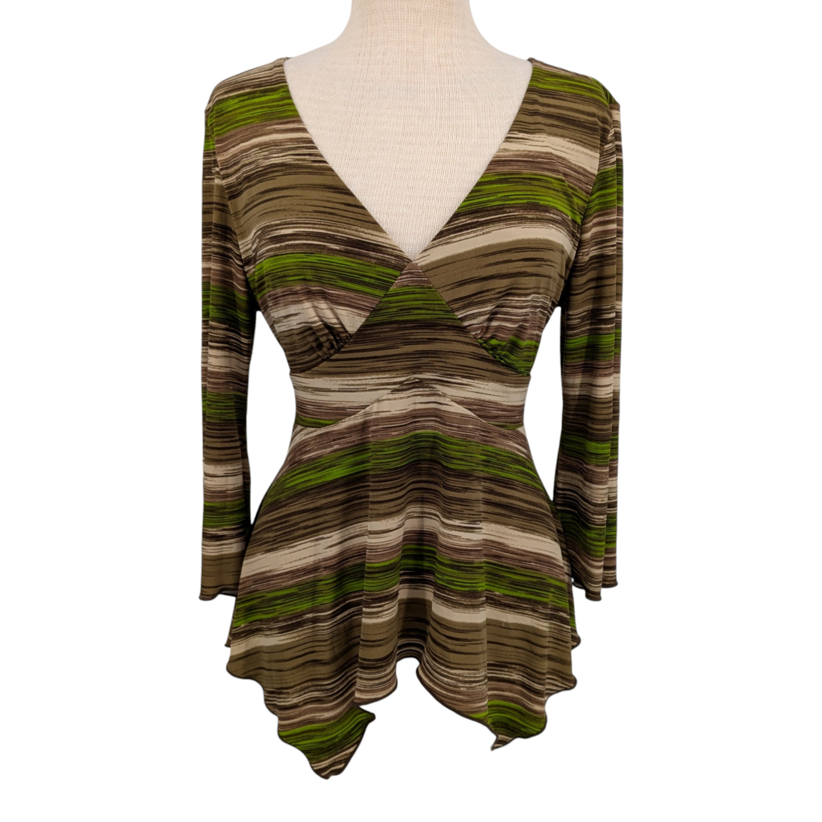90s Y2K Asymmetric Babydoll Top XL Green Brown Stripe Tie Back Grunge Goblincore