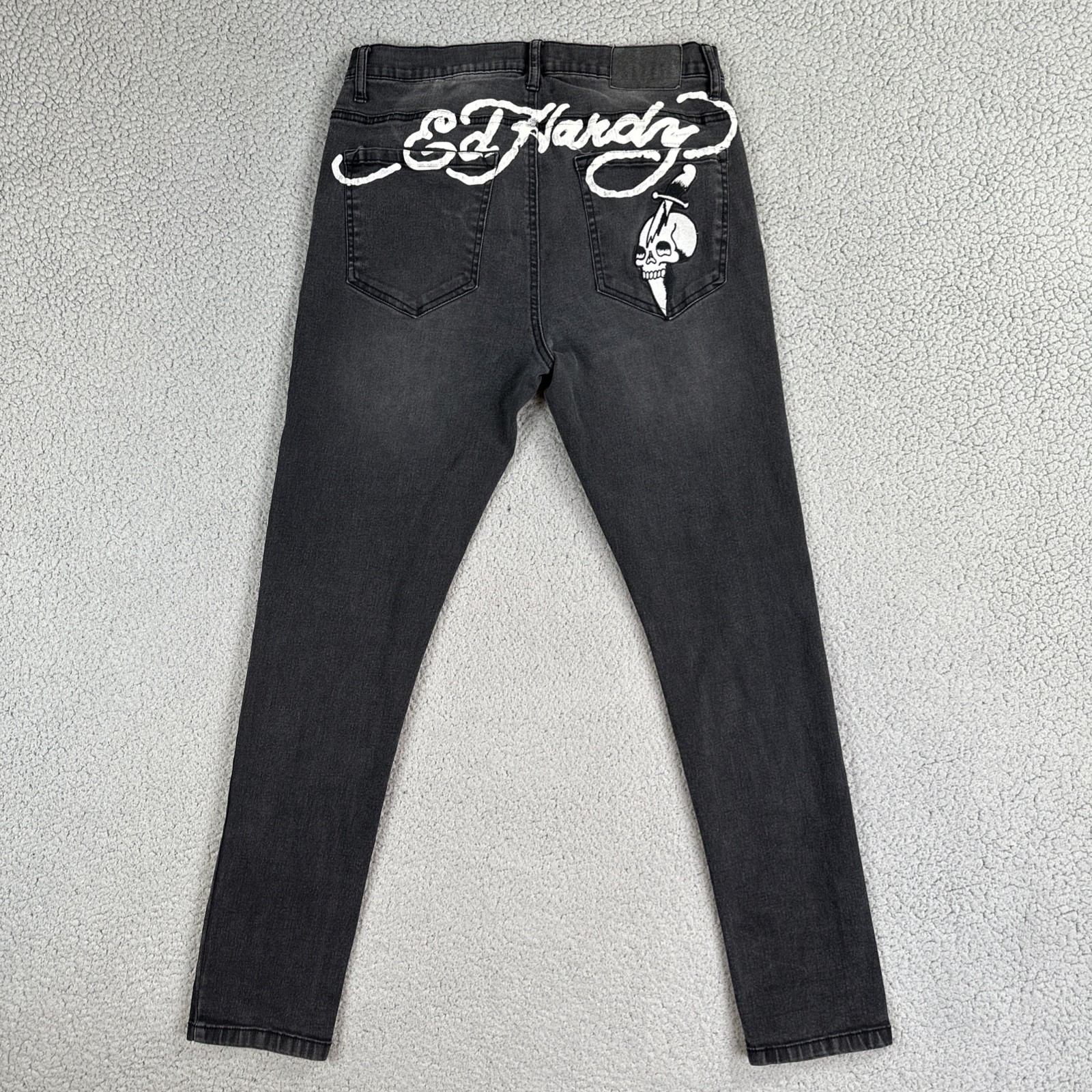 Ed Hardy Embroidered Skull & Knife Skinny Jeans Men 32 Black Stretch Spellout