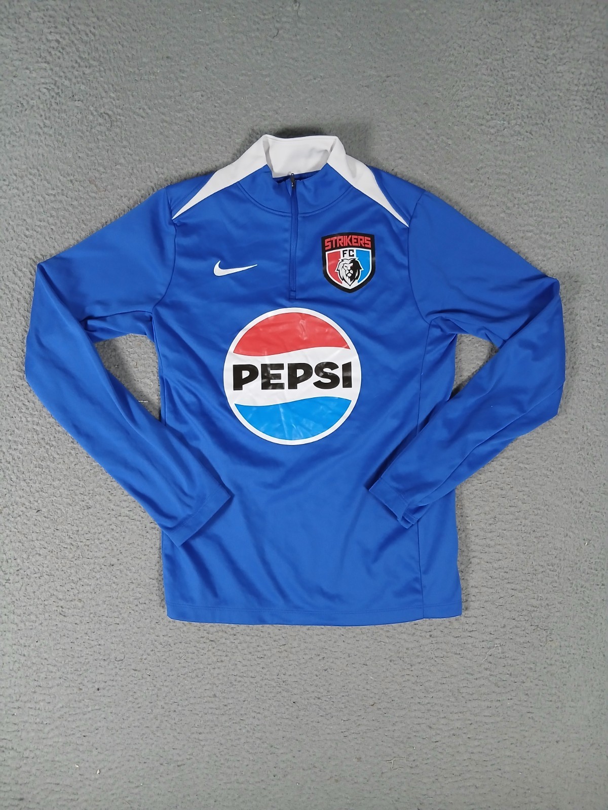 Nike Strikers FC Soccer Club Jersey Youth Small Blue Quarter Zip Pepsi Dri Fit