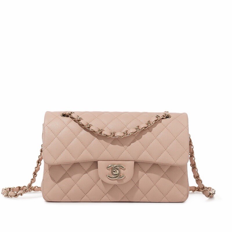 Chanel Classic Double Flap Bag Light Pink Textured Caviar Leather Gold-tone HW