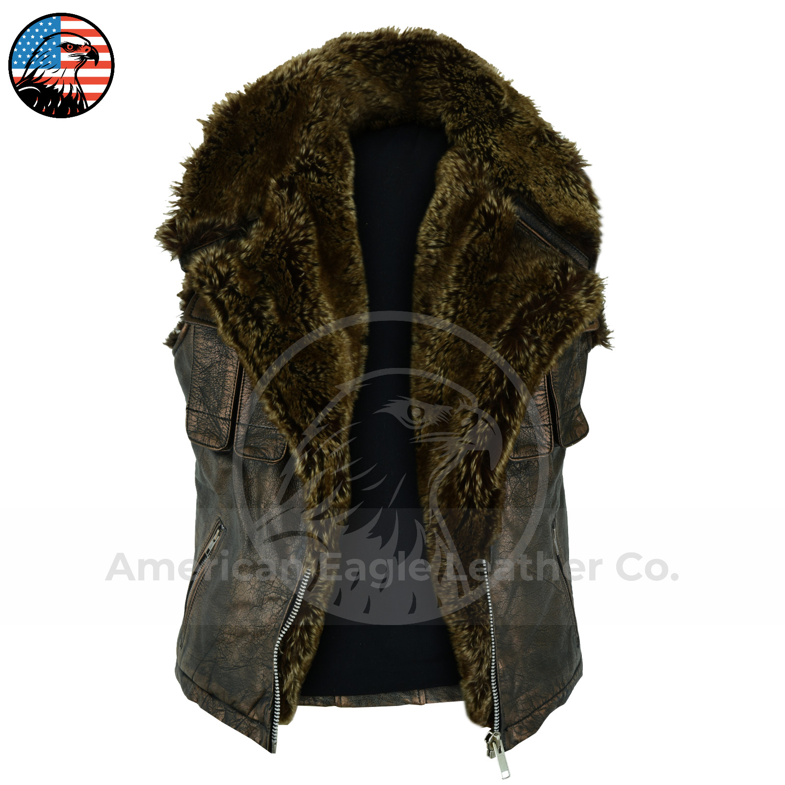 Men\'s Vintage Brown Kraven Leather Vest Fox Fur Biker Motorcycle Cosplay Jacket