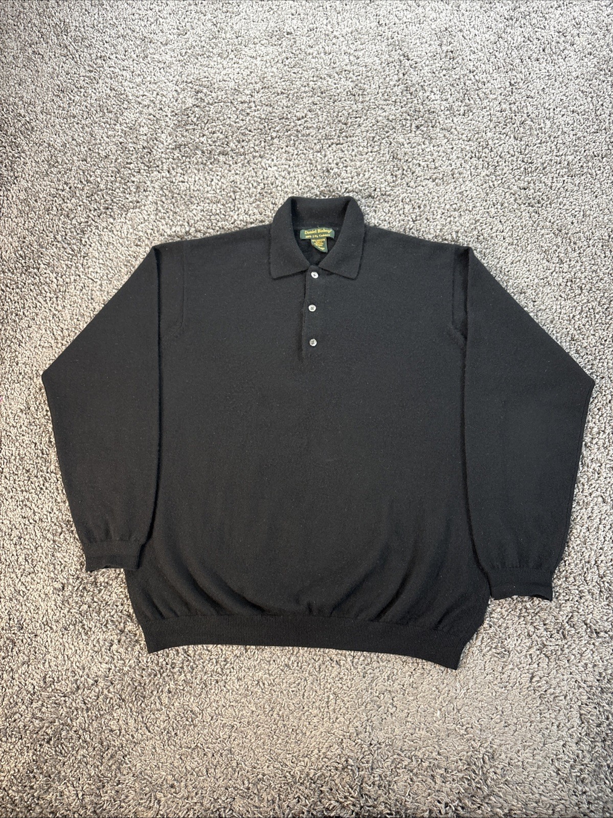 Vtg Daniel Bishop Sweater Mens L Black 100% 2-Ply Cashmere Collar Polo Hong Kong