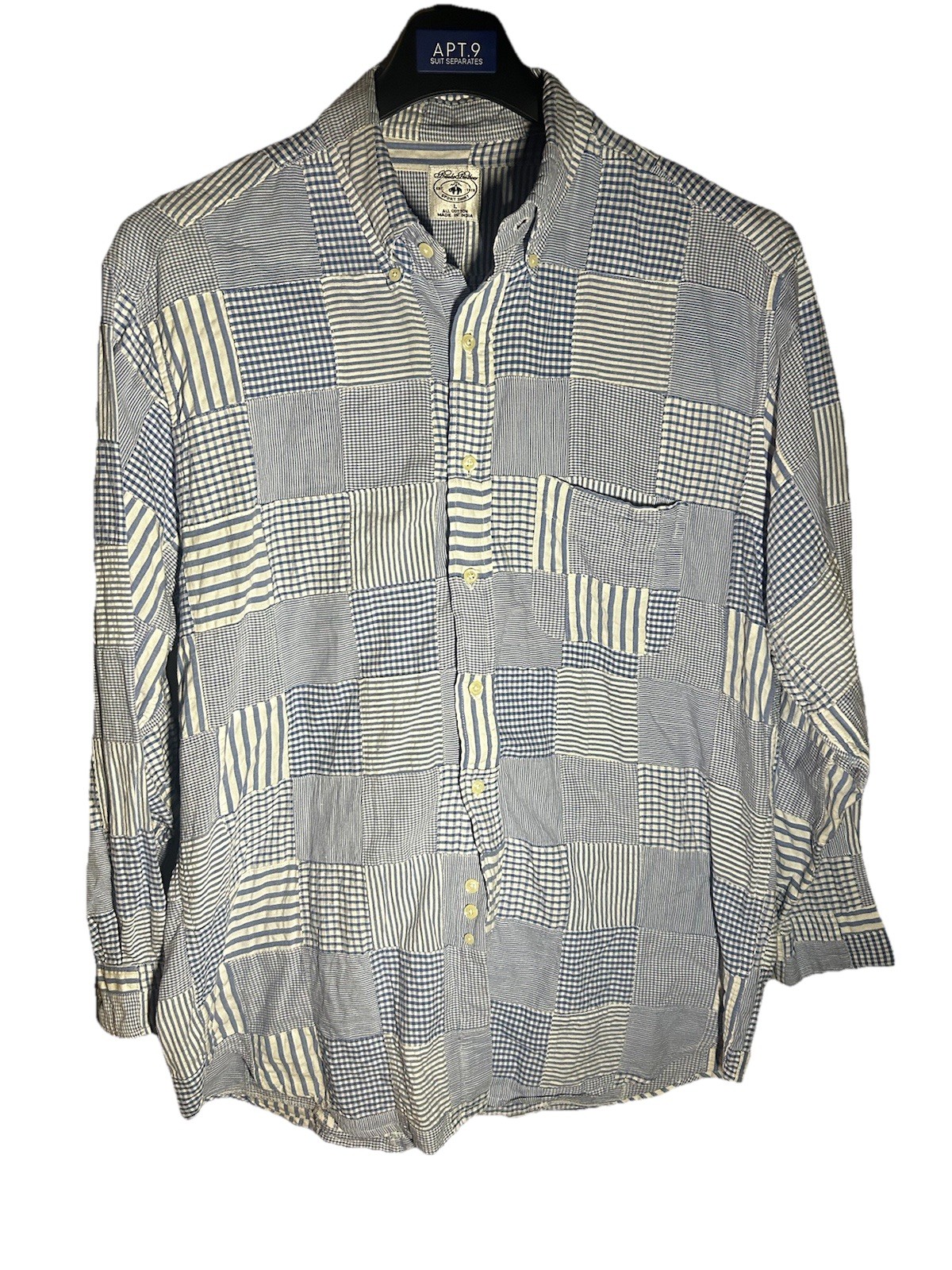 Brooks Brothers Men\'s L Blue/White Patchwork Cotton Button-Down Shirt Pocket
