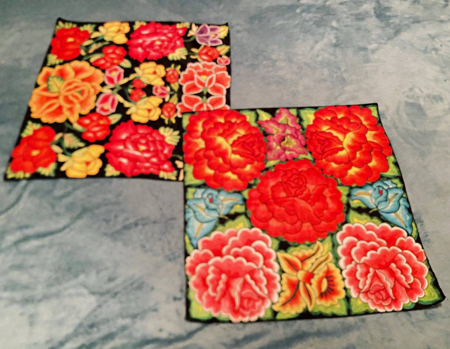 Set of 2 Tehuana Oaxaca Floral Print Scarves Bandanas Mexican Embroidery