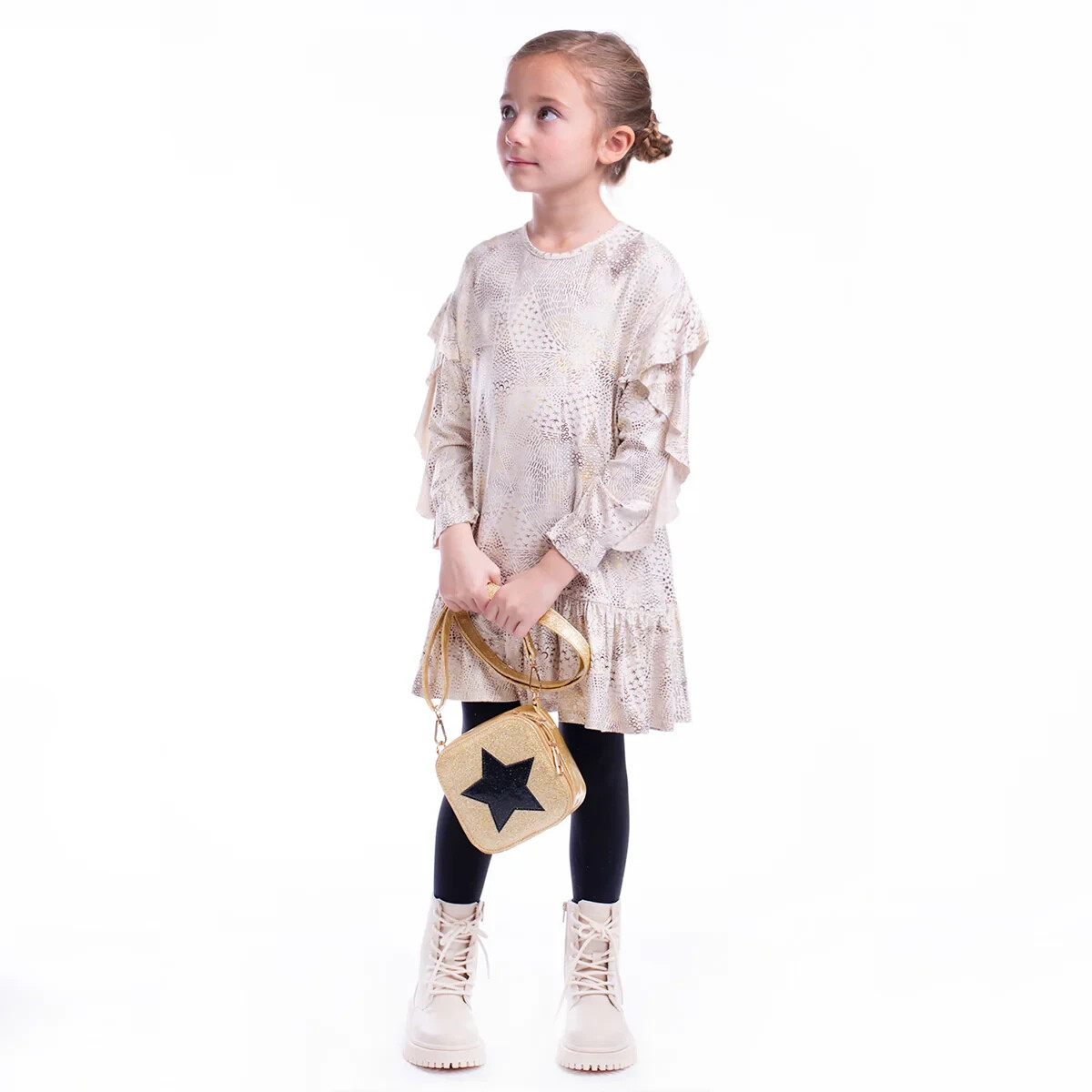 IMOGA GIRLS DRESS LISA ABSTRACT METALLIC PRINT BEIGE JERSEY RUFFLE LONG SLEEVE 7