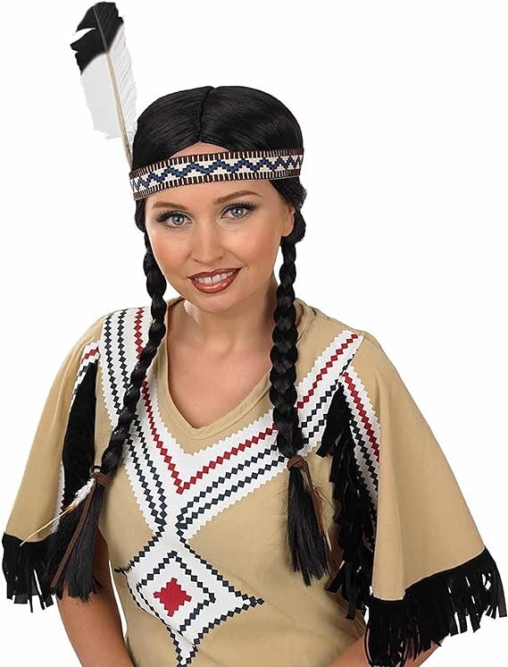 Women`s Native American Indian Squaw Wig + Feather For Indigenous Girl Costume
