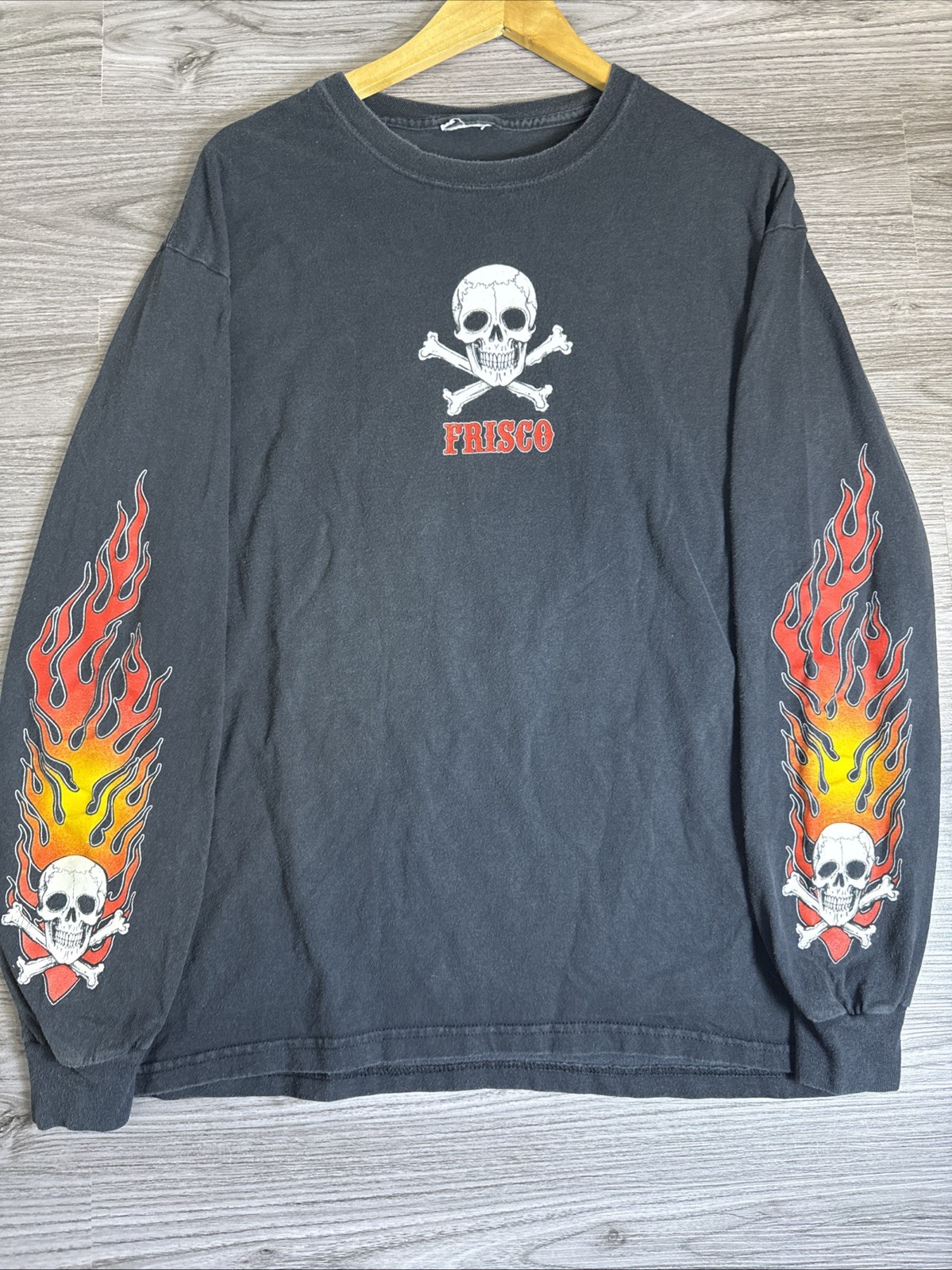 Vintage Faded Frisco Choppers Shirt Mens L Black 90s Flames Long Sleeve Harley