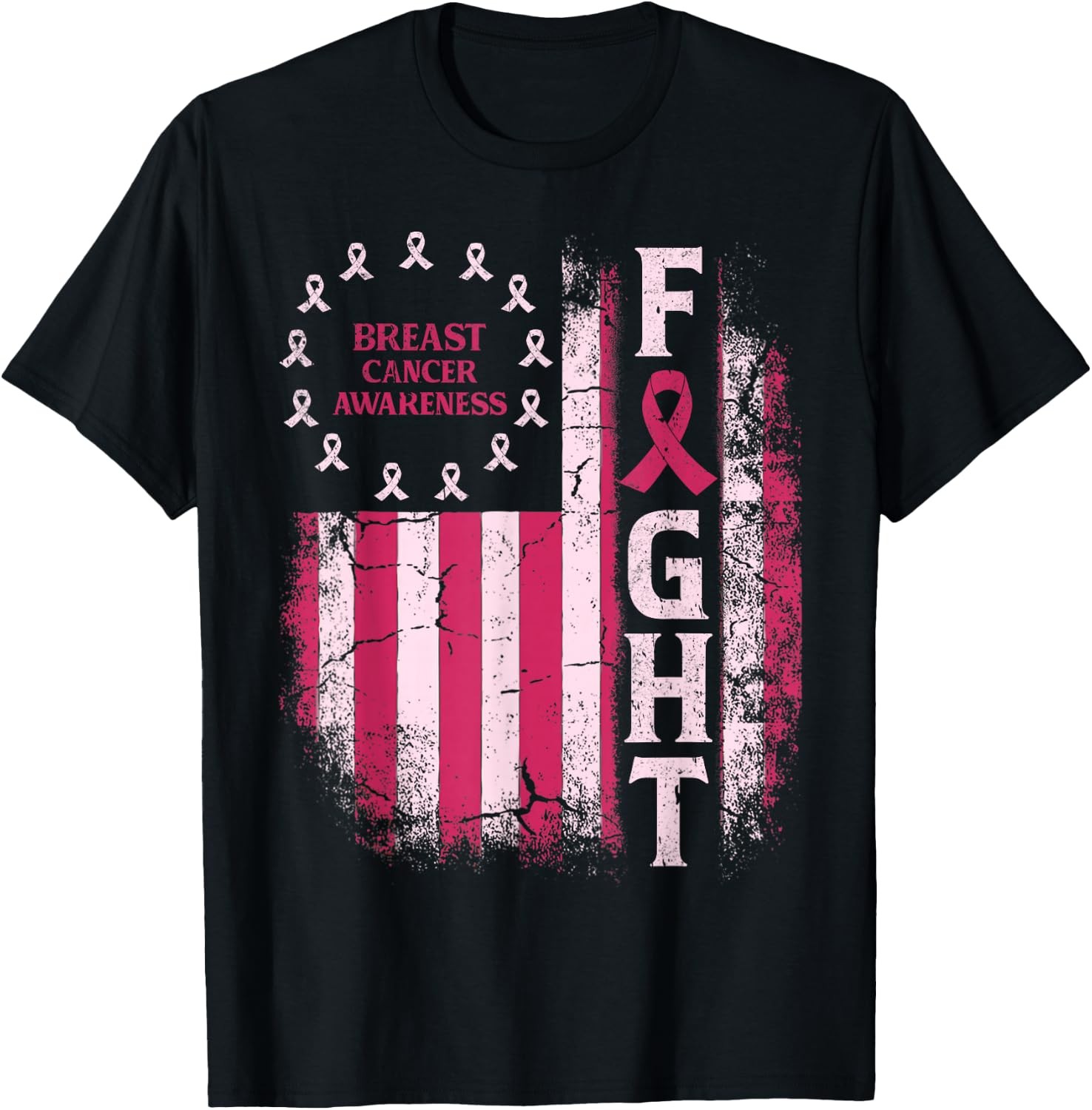 USA Flag Fight Breast Cancer Awareness Pink Ribbon Graphic T-Shirt Unisex Black