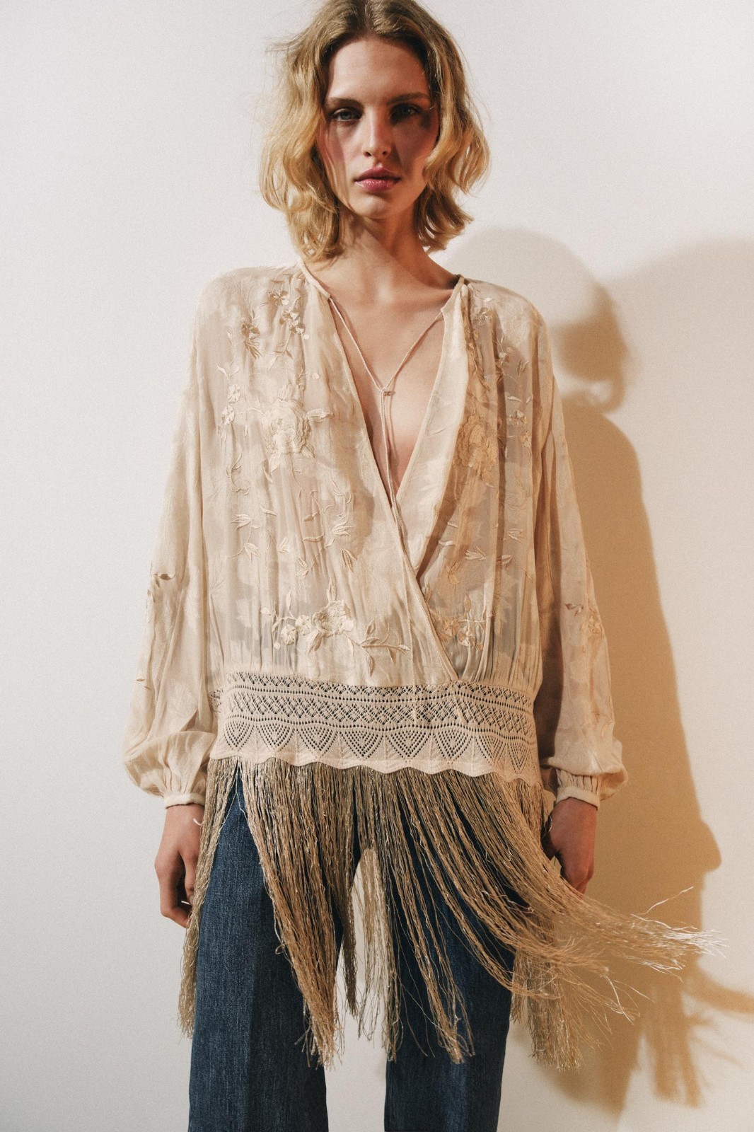 Zara Woman Ecru Beige Embroidered Fringe Blouse V-Neck Long Sleeve Viscose Top