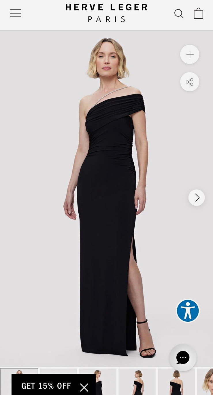 Herve Leger Paris Black One Shoulder Ruched Crystal Open Back Gown Dress M