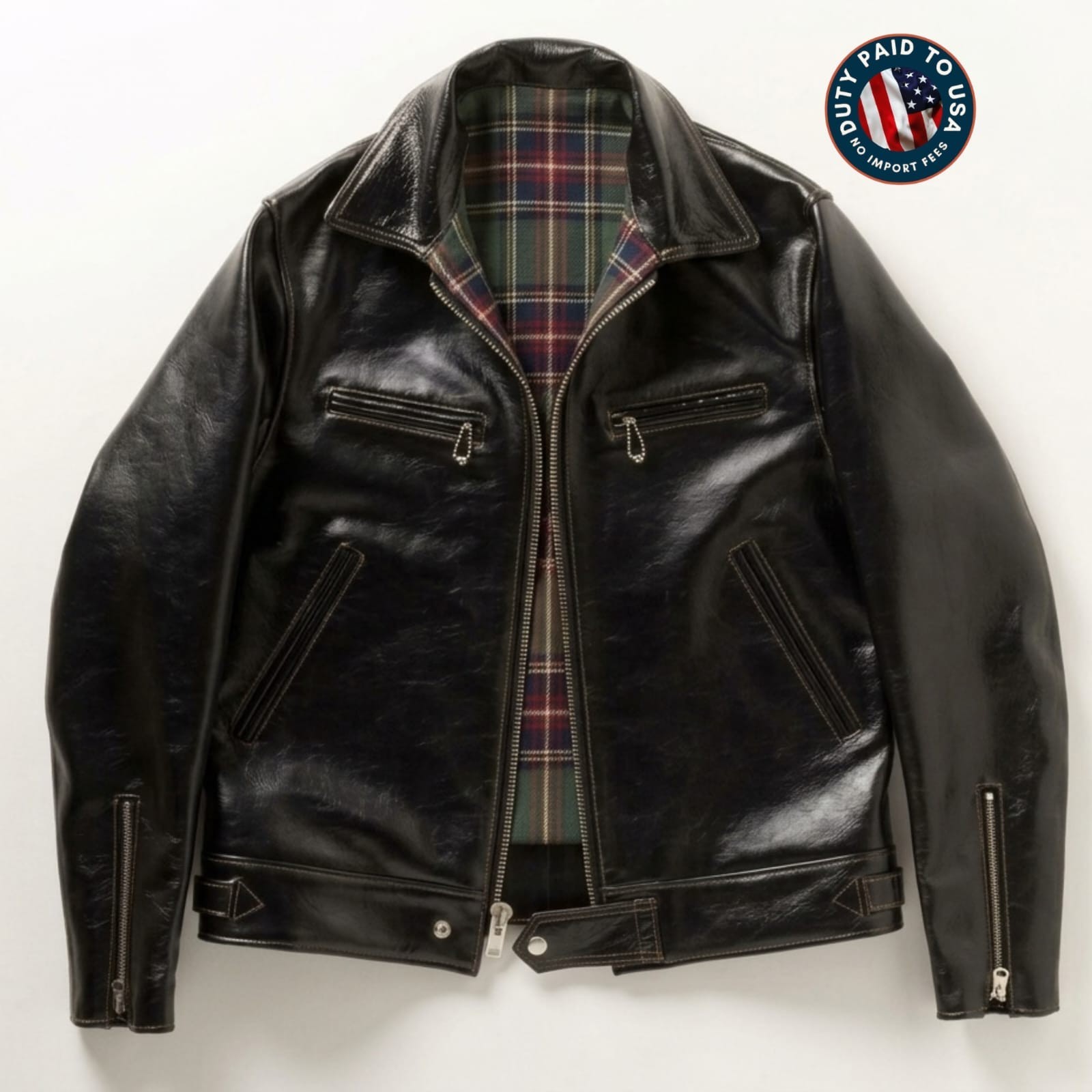 Handmade Mens Leather Jacket Vintage Style Black Biker Coat Plaid Lined