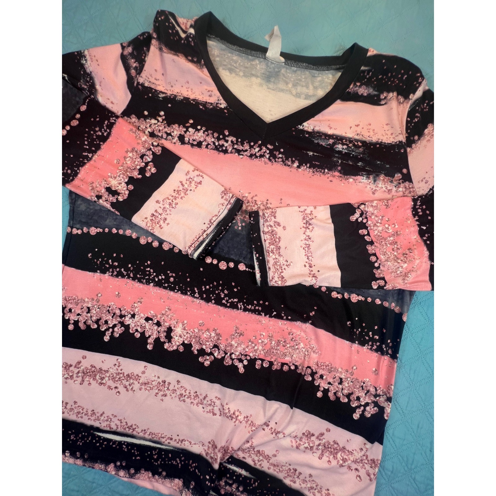 Pink Black Striped Faux Glitter Graphic V-Neck Long Sleeve Top XL
