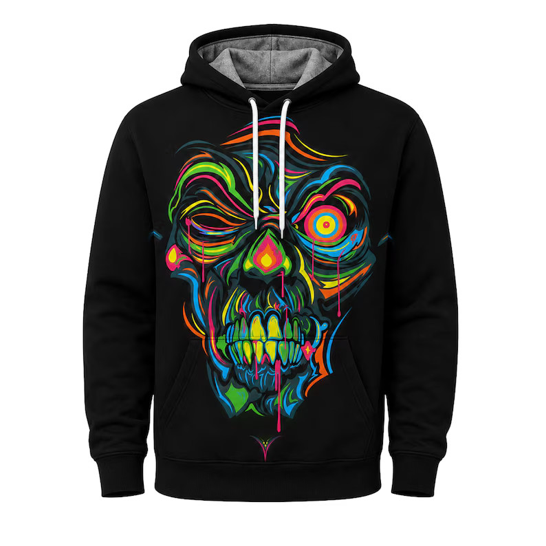 Neon Zombie Face Psychedelic 3D Hoodie Glow Undead Horror Design