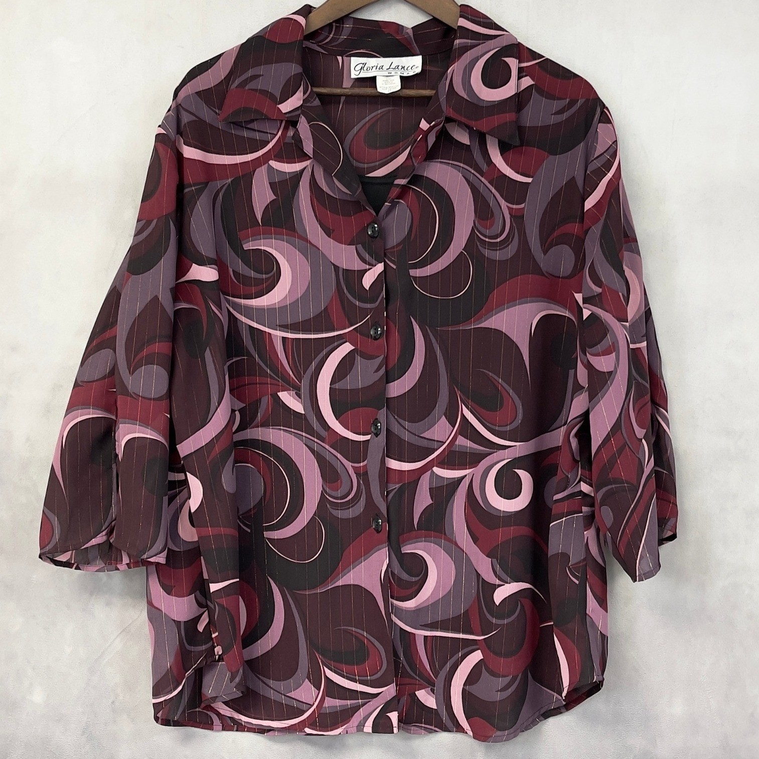 Vintage Gloria Lance Button Down Shirt Womens 2X Swirl Print Sheer Psychedelic