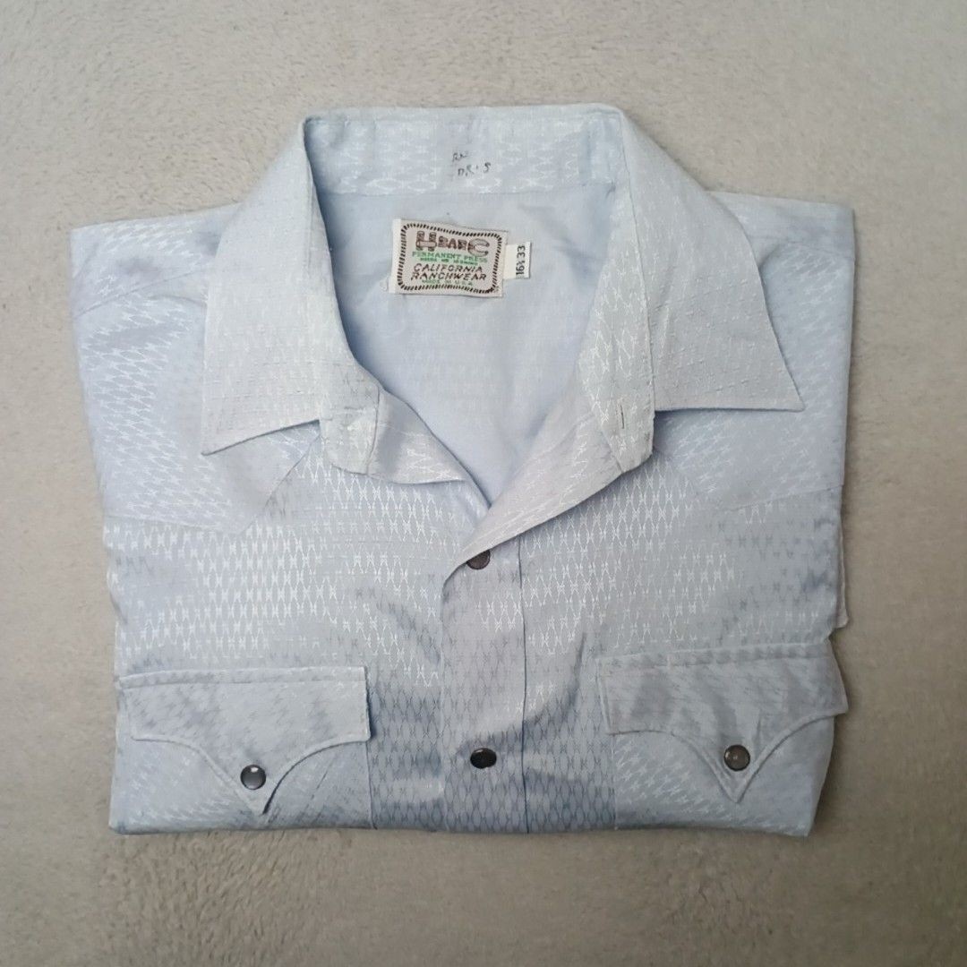 Vintage H Bar C Shirt Mens 16.5 33 Light Blue Western Polyester Pearl Snap USA