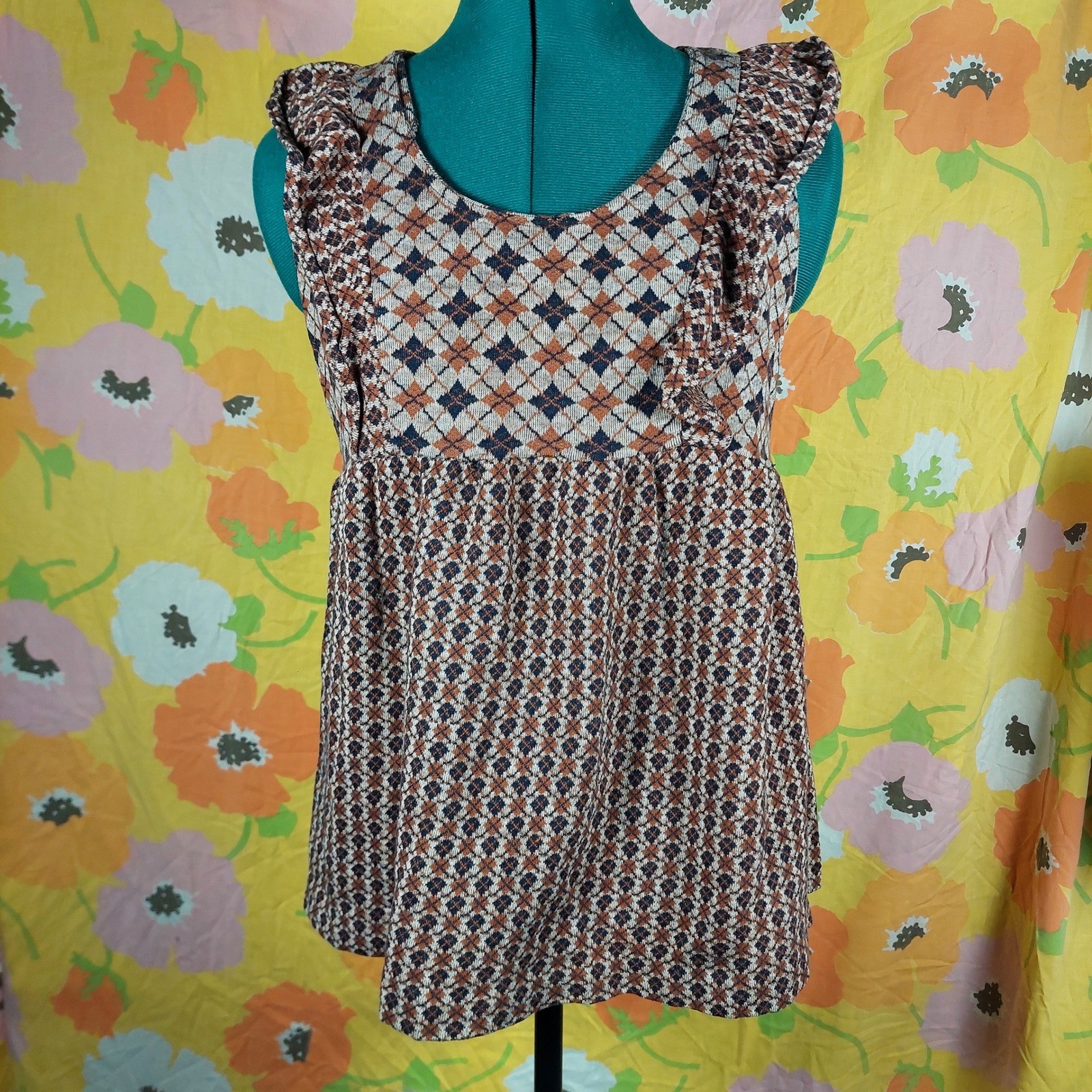 Vintage 70s Handmade Babydoll Ruffle Top Brown Orange Diamond Print Back Button