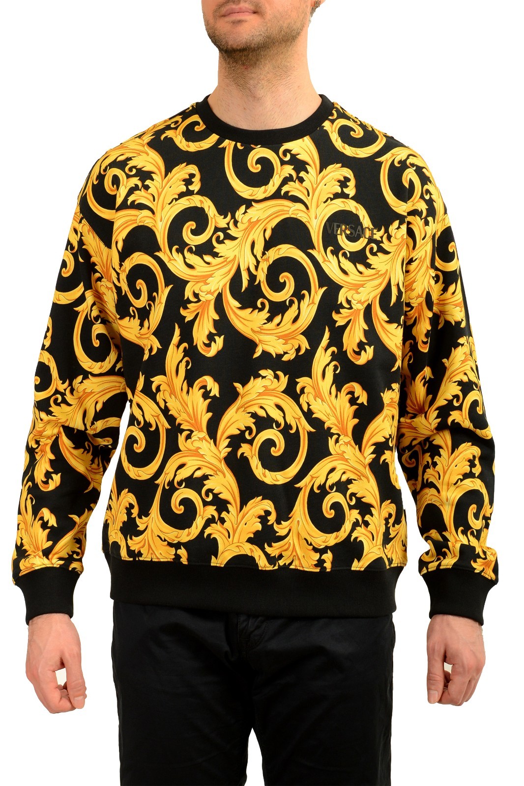 Versace Men\'s Signature Gold Print Crewneck Sweater Sweatshirt US 2XL IT 56