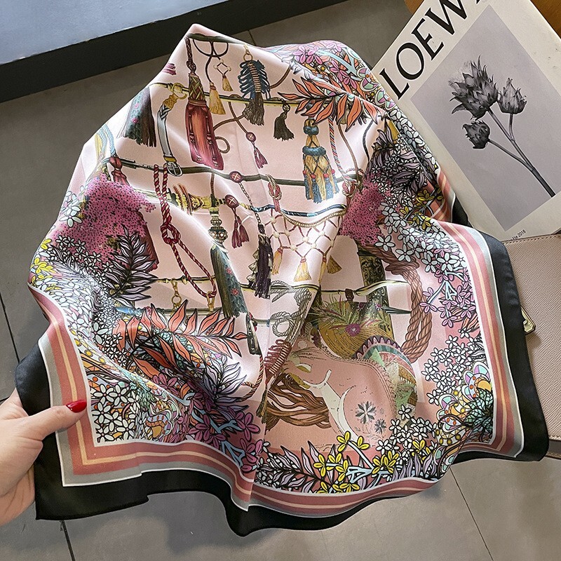 100% Silk Square Scarf Women Vintage Pink Black Kerchief Headscarf Wrap 68*68cm