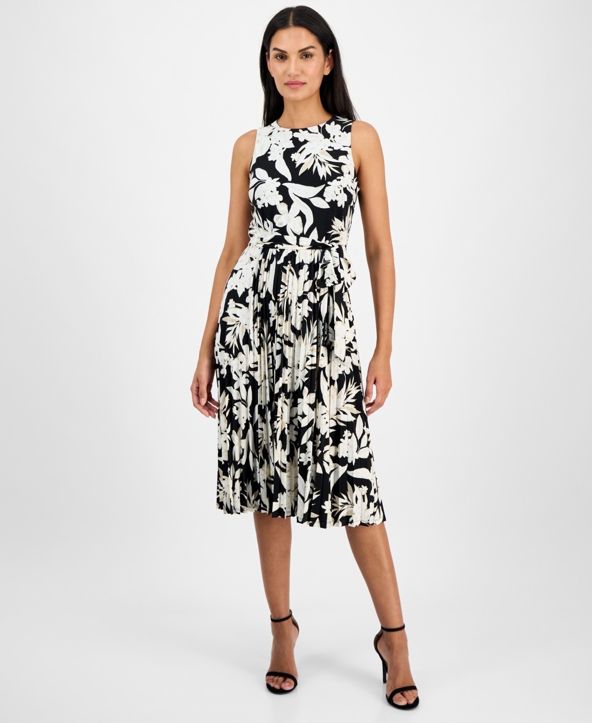 Anne Klein Belted Floral-Print Midi Dress Women\'s 16 Black Multicolor Sleeveless