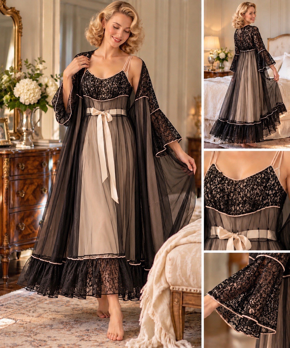 Vintage 1954 Trousseau Peignoir Nightgown Set Terris Black Lace Size Small