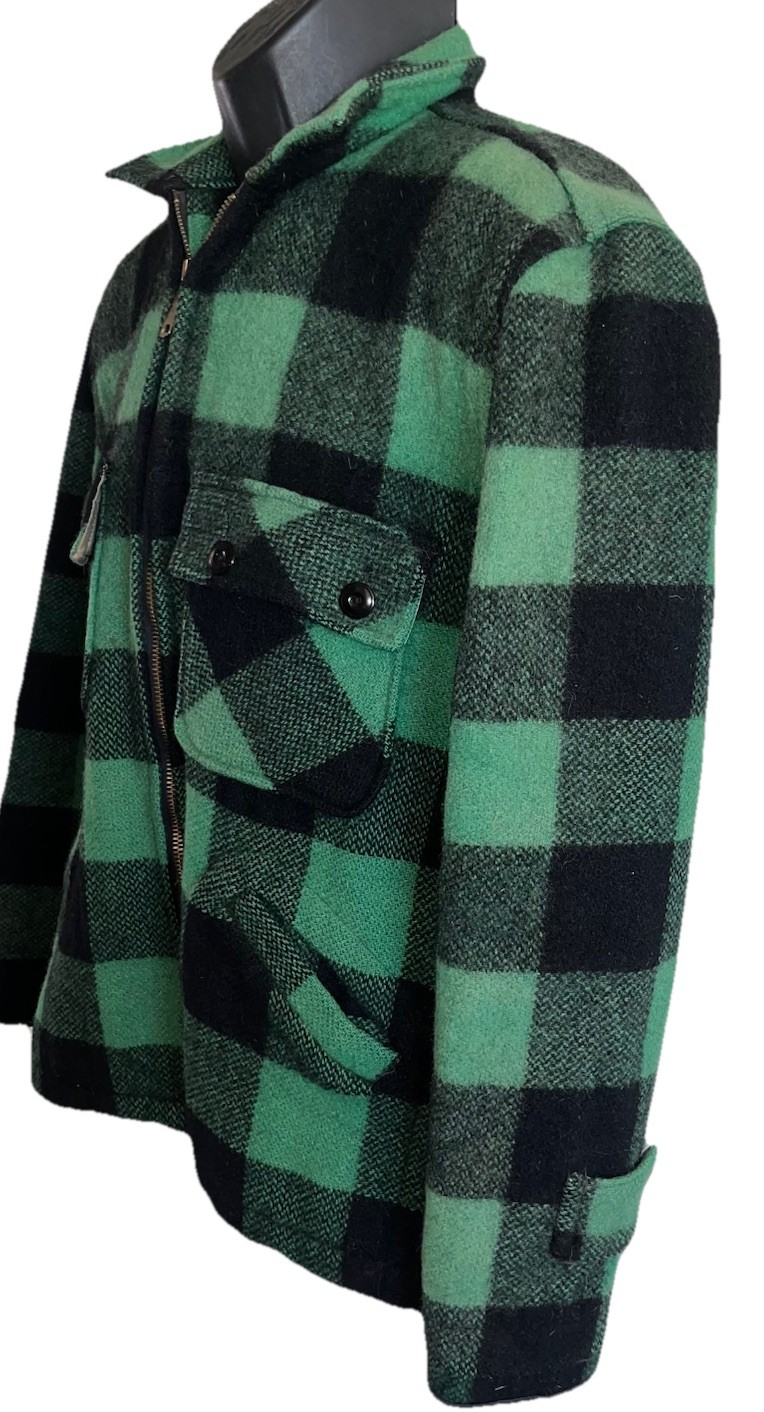 Vtg 1950s 5 Brother Wool Buffalo Plaid Chore Jacket Huge Talon Zip Green Black-M